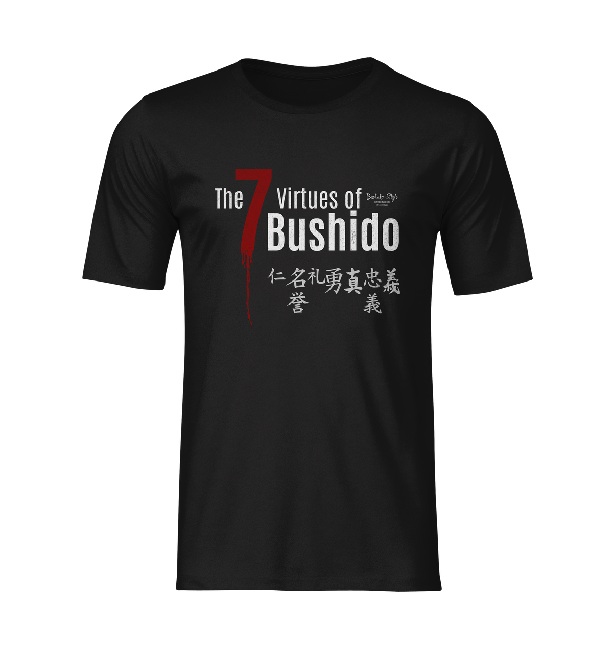 The 7 Virtues of Bushido black tee by KRASSWERK – ghost mockup showing centered kanji and typographic design, no background or model