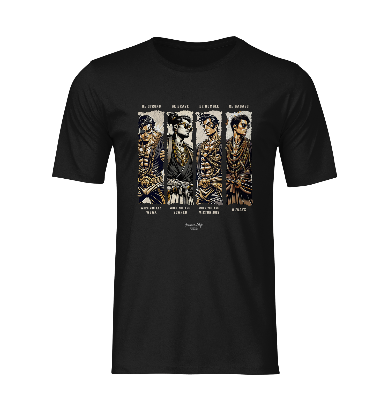 “BADASS” black tee by KRASSWERK – ghost mockup showcasing four illustrated warrior figures with text, no background or model