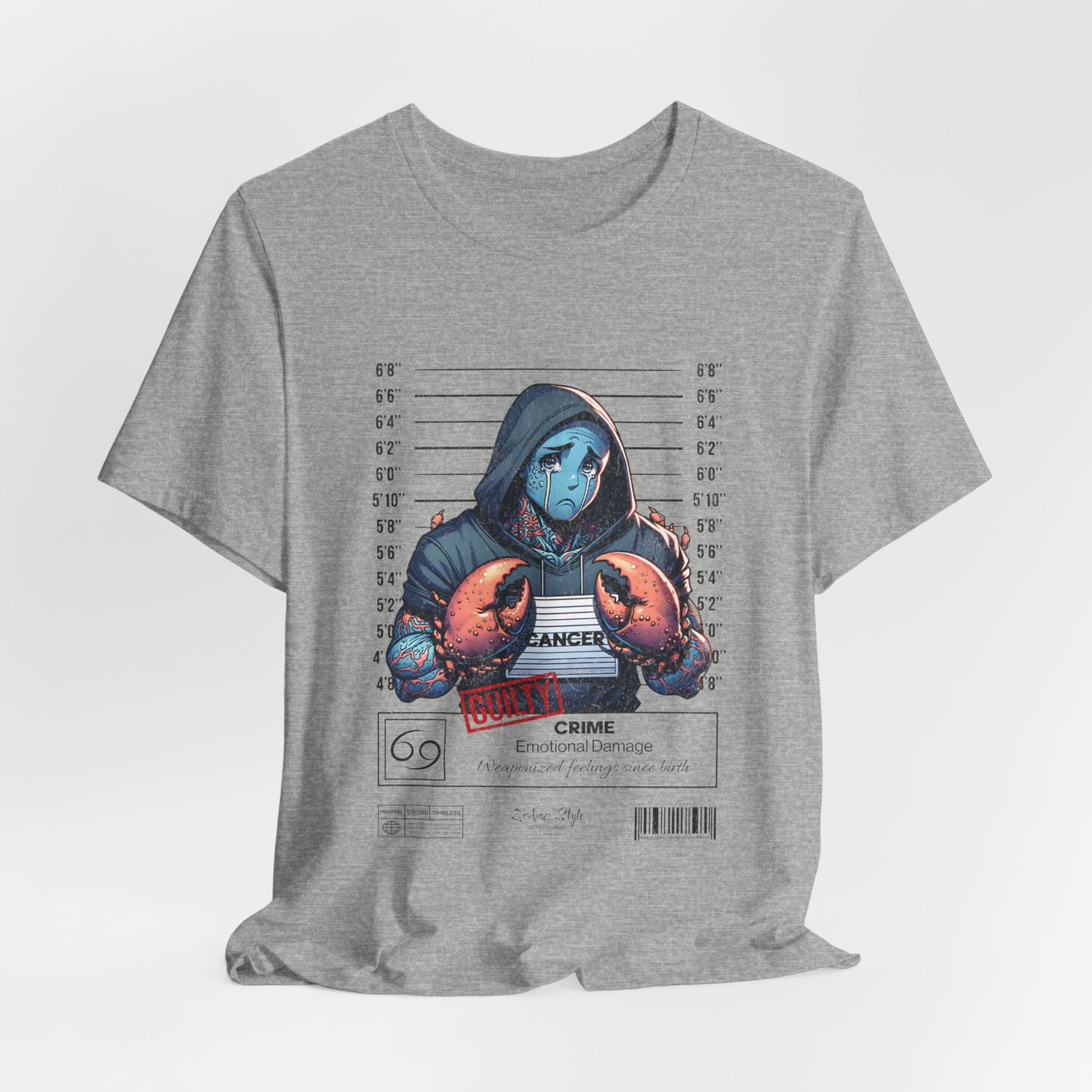 The CANCER t-shirt in Athletic Heather — 3D mockup of a light heather grey shirt with speckled texture. No background, no model.