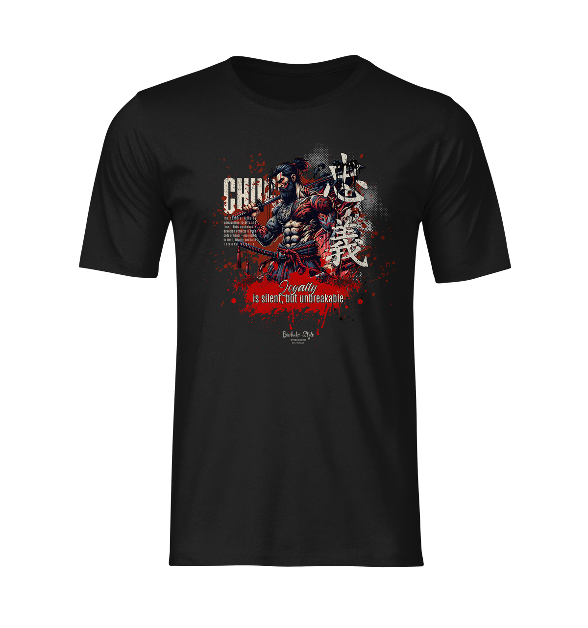 Ghost-style mockup of the CHŪGI t-shirt from the 7 Virtues of Bushido series. The design features a stoic samurai with intense red and white accents, paired with the quote “Loyalty is silent, but unbreakable,” set against a clean black background for a bold and centered product presentation.