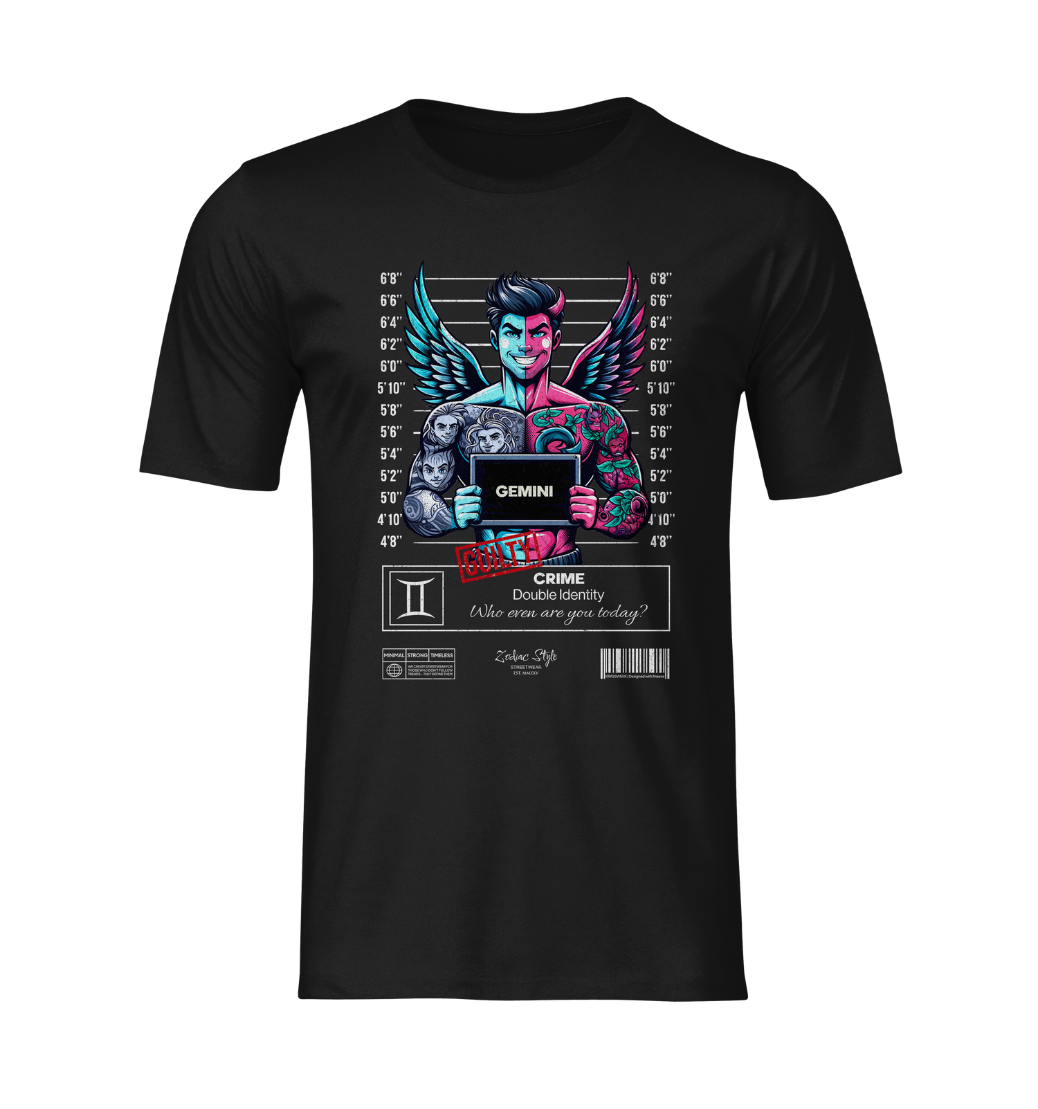 Front-facing ghost mockup of the Gemini black t-shirt on a neutral background. The design highlights a two-toned winged figure holding a mugshot board, flanked by tattoo details and ghostly faces — a striking visual metaphor for duality, hidden identities, and playful deception.