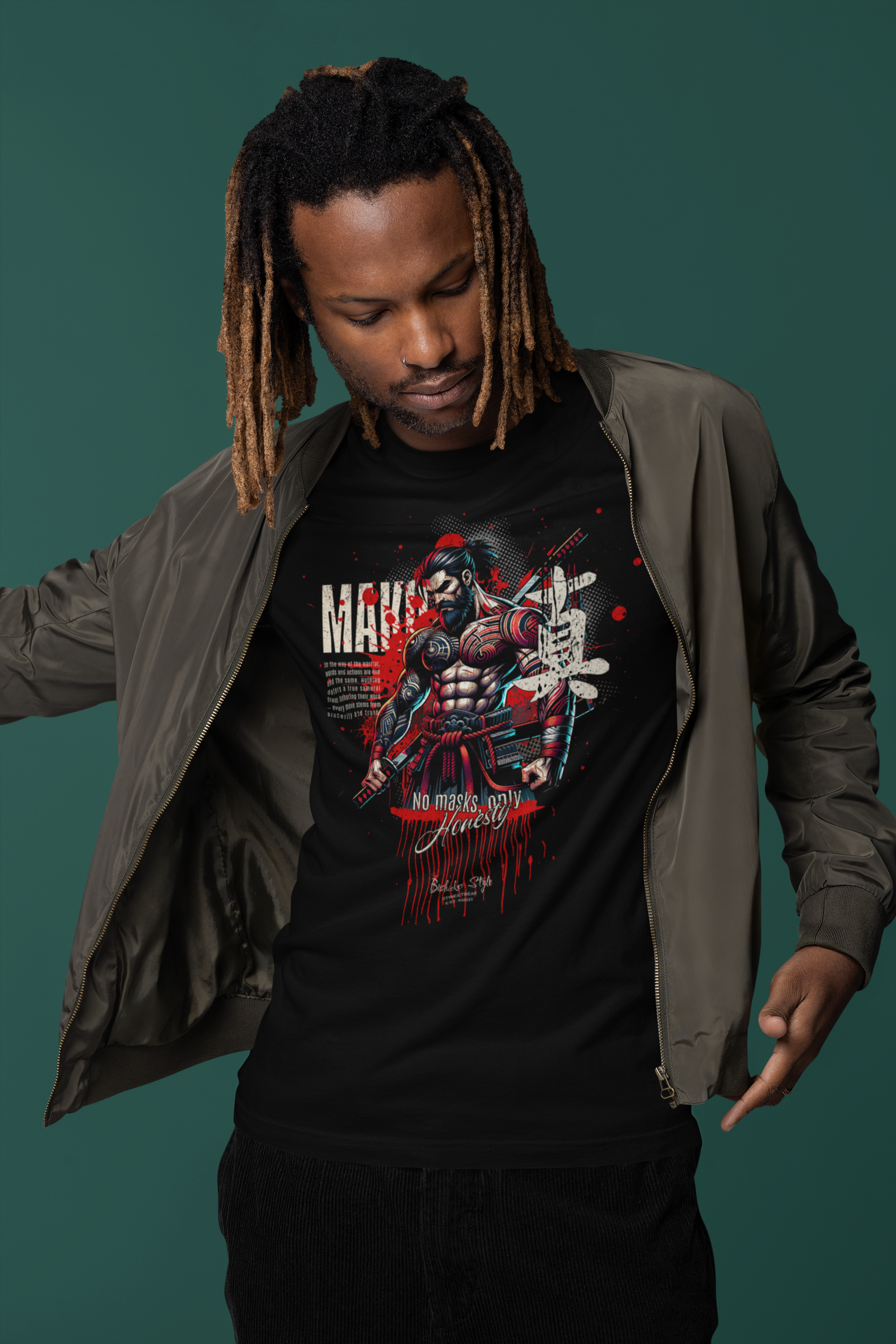 “MAKOTO” black t-shirt by KRASSWERK – lifestyle photo of man in bomber jacket and dreads, looking down to reveal Bushido-inspired honesty-themed graphic with bold red accents and dripping ink style