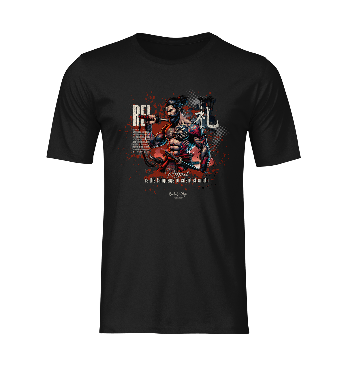 “REI” black t-shirt by KRASSWERK – ghost mockup showcasing the fierce elegance of respect, where discipline speaks louder than words in this silent warrior print, no background no model