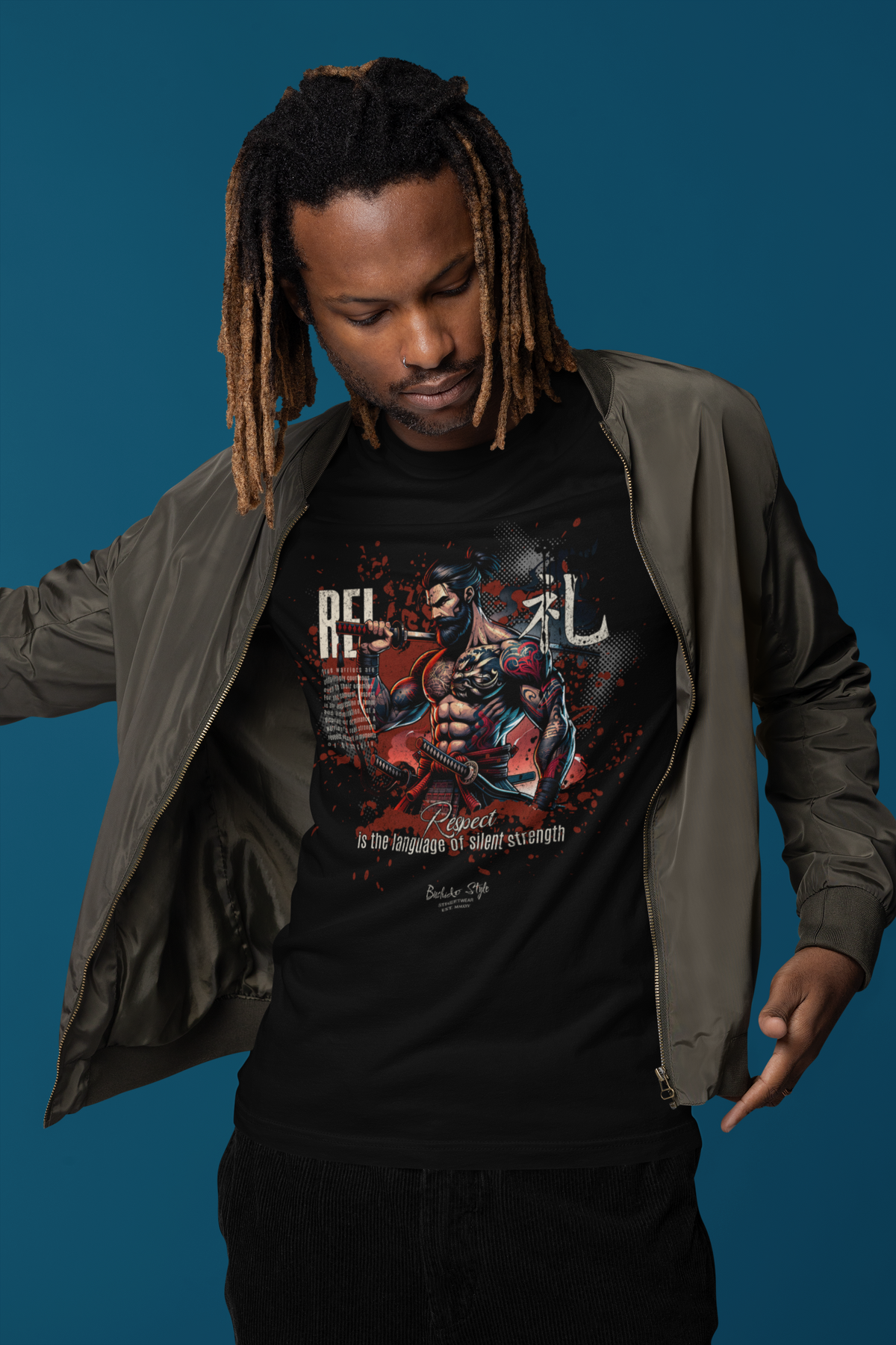 “REI” black t-shirt by KRASSWERK – lifestyle photo of man mid-motion, revealing samurai graphic with a calm but commanding stance — respect rendered in silence, strength woven into style