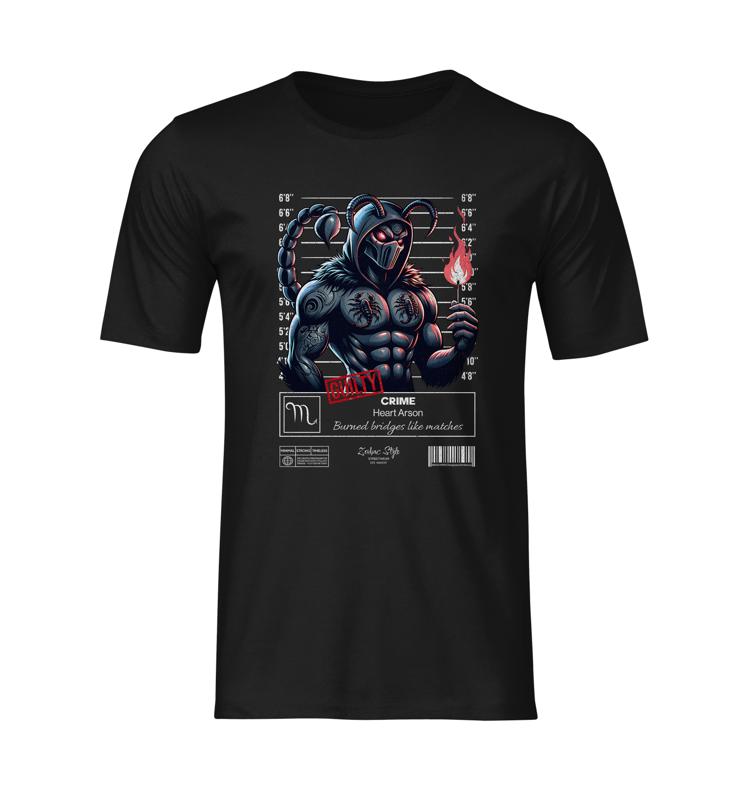 Front-facing black t-shirt on a transparent background. Shows the full Scorpio design with a muscular scorpion character holding a flame. No model or scenery.