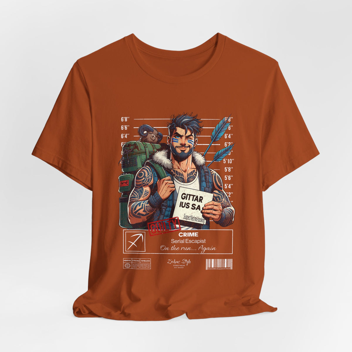 The SAGITTARIUS t-shirt in Autumn — warm orange color matching the bold and adventurous vibe. 3D mockup on white background. No model included.