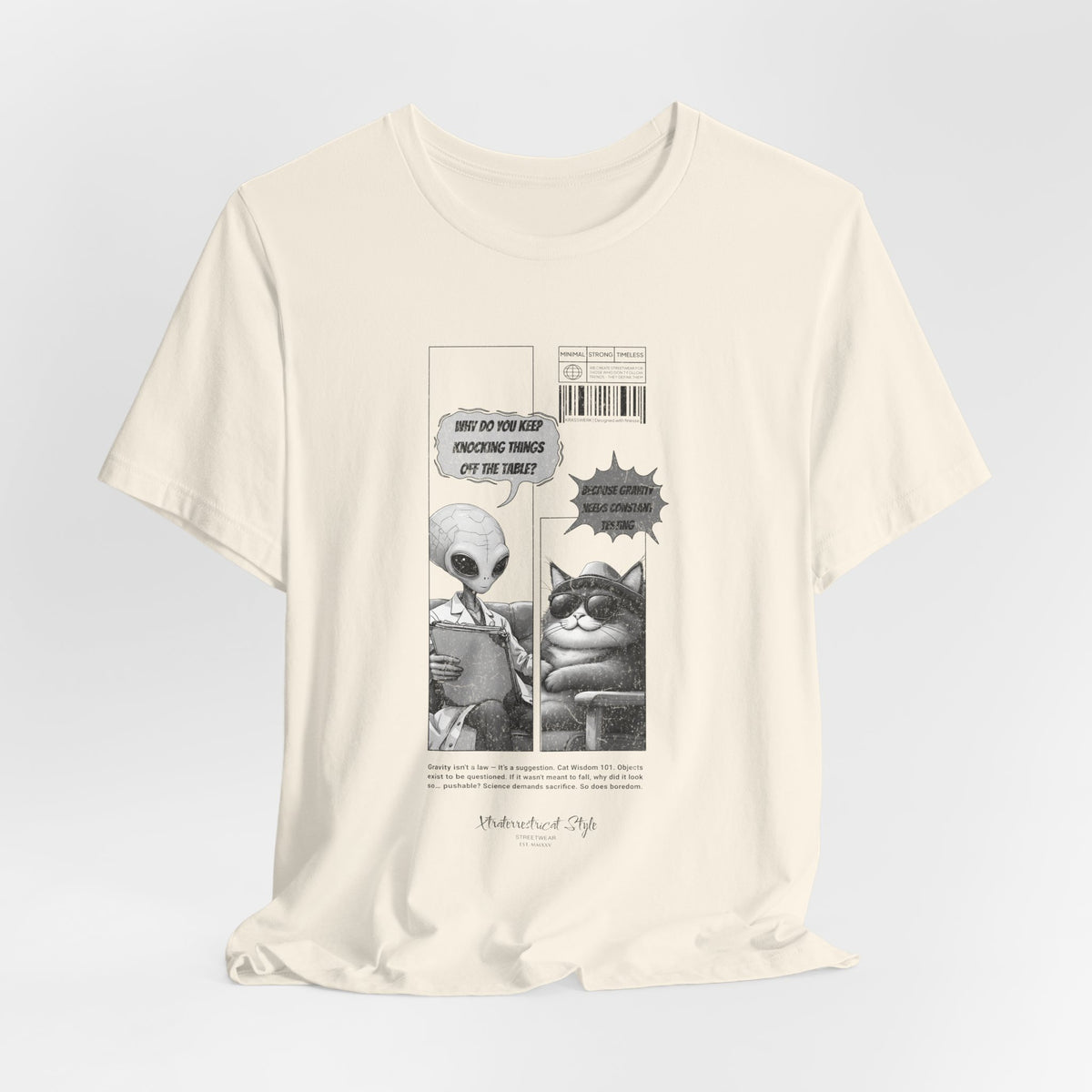 The GRAVITY t-shirt in Natural — 3D mockup with soft beige shirt and visible comic artwork. Model-free, neutral background.
