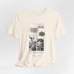 The GRAVITY t-shirt in Natural — 3D mockup with soft beige shirt and visible comic artwork. Model-free, neutral background.