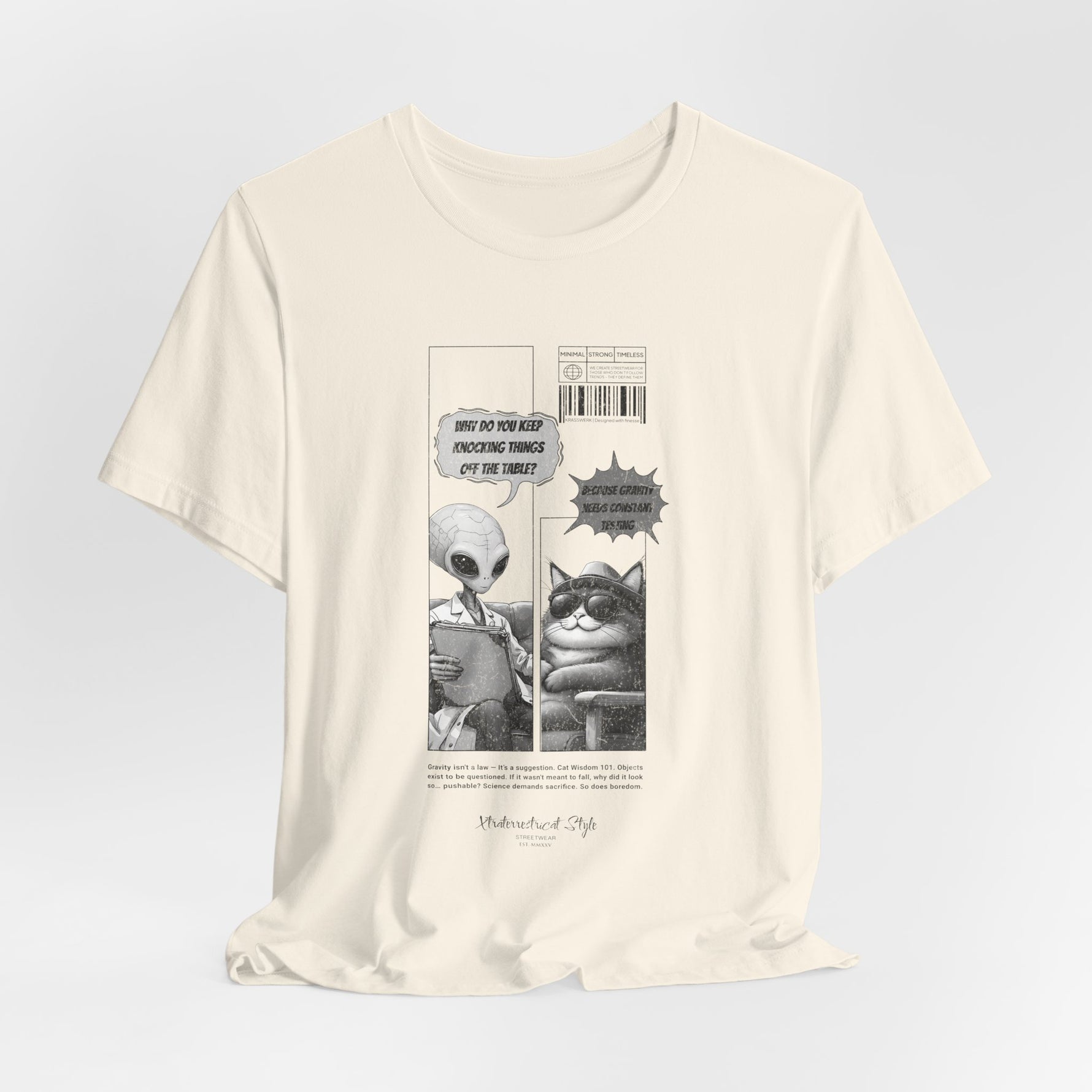 The GRAVITY t-shirt in Natural — 3D mockup with soft beige shirt and visible comic artwork. Model-free, neutral background.