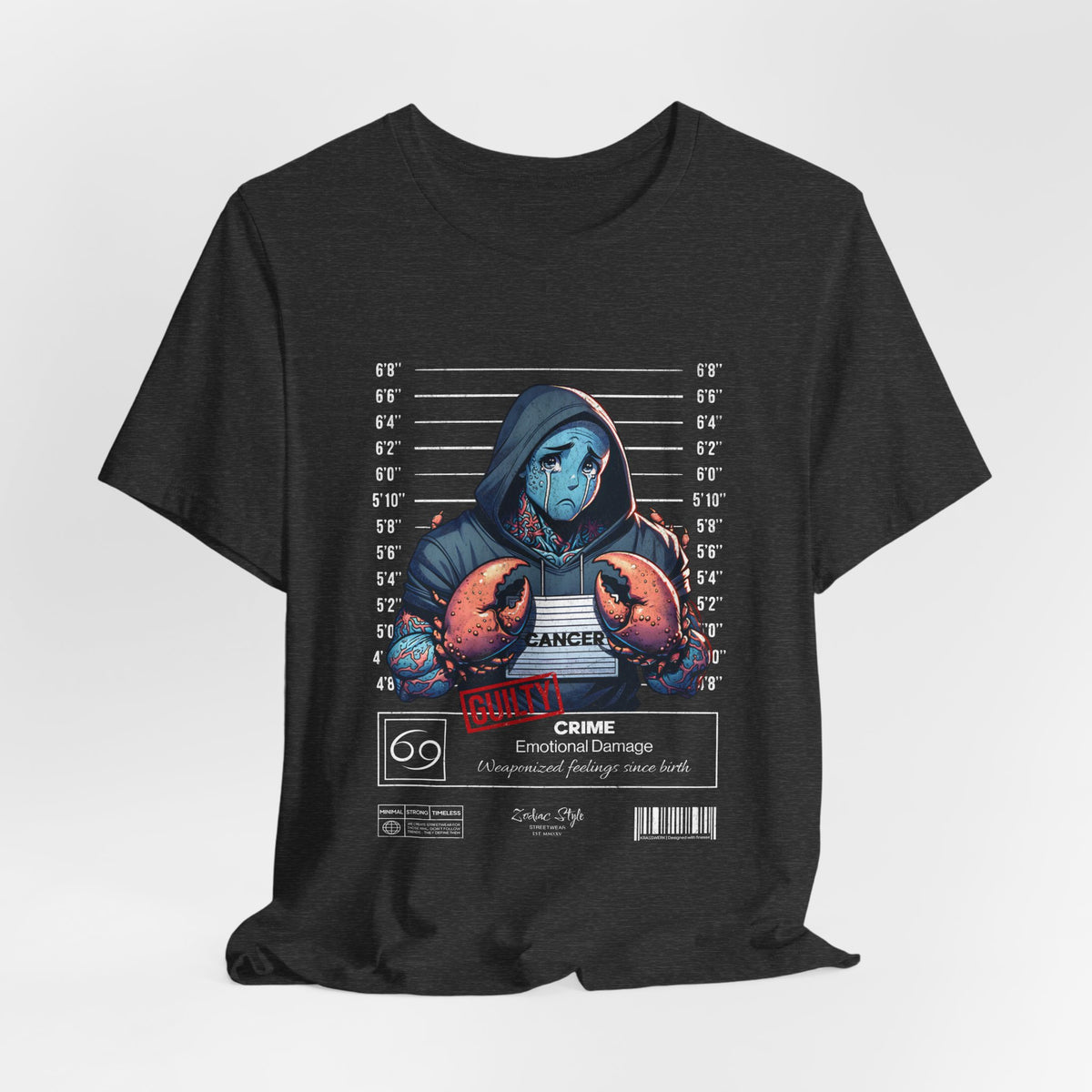 The CANCER t-shirt in Dark Heather Grey — 3D mockup of a muted grey shirt with fine texture. No background, no model.