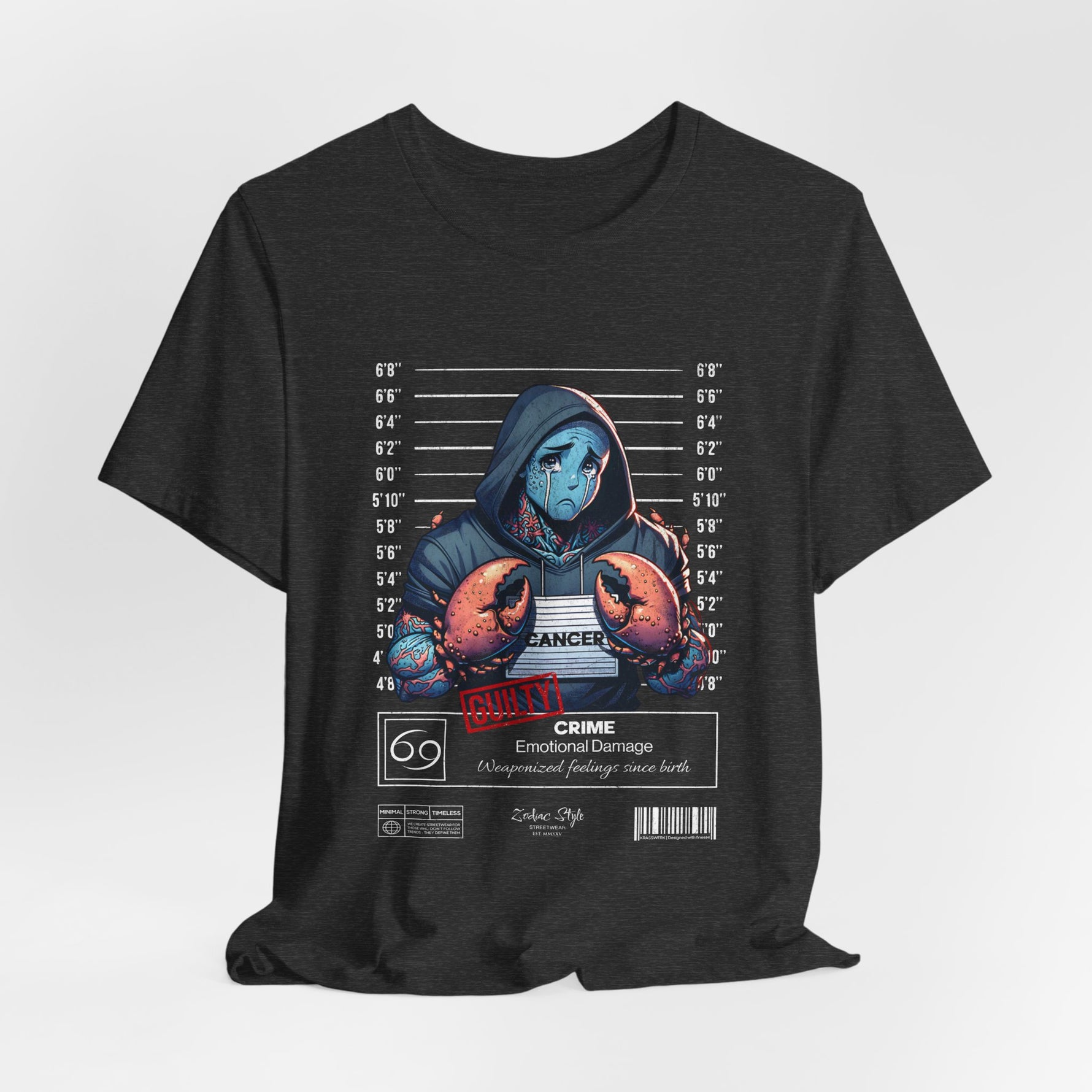 The CANCER t-shirt in Dark Heather Grey — 3D mockup of a muted grey shirt with fine texture. No background, no model.