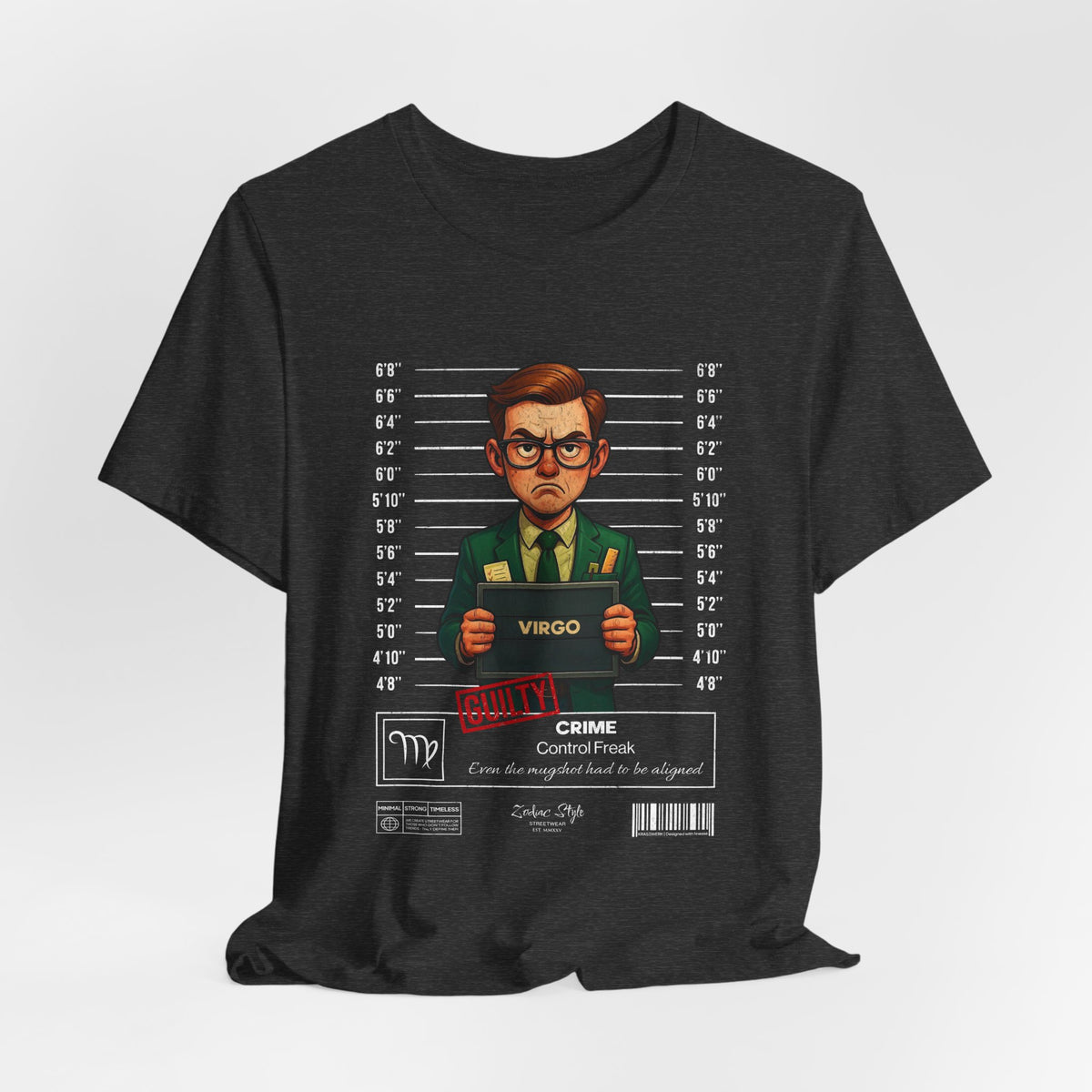 The VIRGO t-shirt in darkheathergrey — 3D mockup of the design on a dark heather grey shirt. No background, no model.