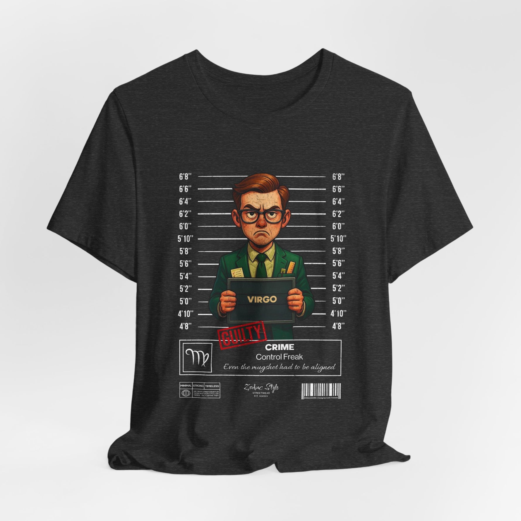 The VIRGO t-shirt in darkheathergrey — 3D mockup of the design on a dark heather grey shirt. No background, no model.