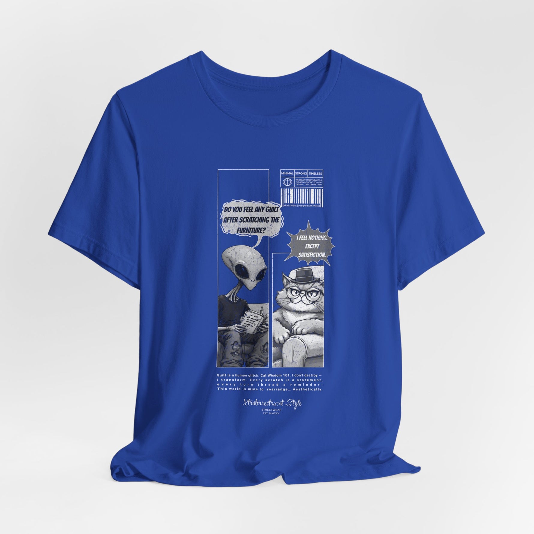 The Satisfiction t-shirt in true royal — 3D mockup with a vivid royal blue tone. No background or model.