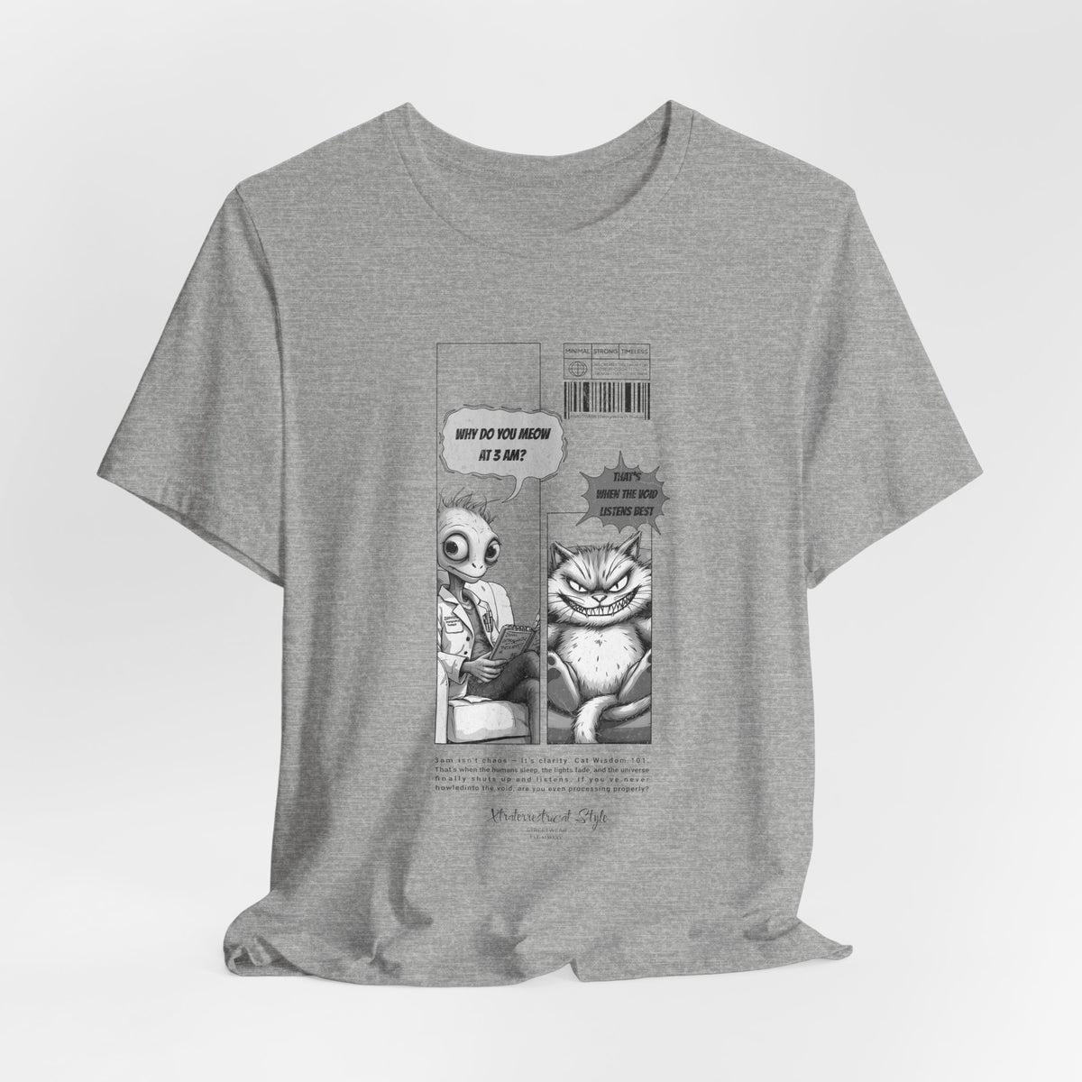 The MEOW 3AM t-shirt in Athletic Heather — 3D mockup with a soft grey tone shirt, slightly textured, no background.