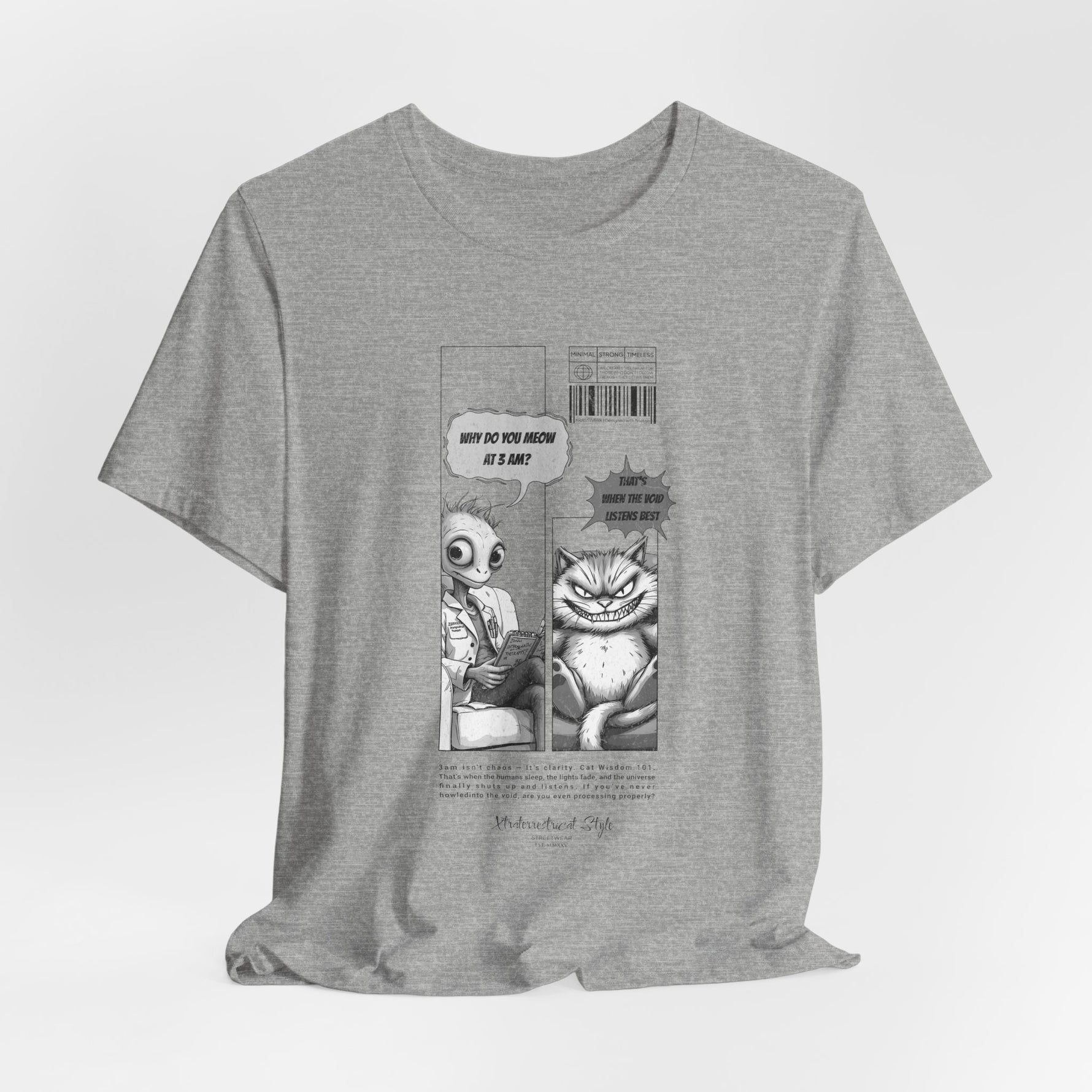 The MEOW 3AM t-shirt in Athletic Heather — 3D mockup with a soft grey tone shirt, slightly textured, no background.