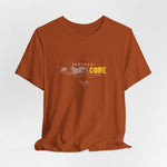 The PROTOCOL BLACKCODE t-shirt in Autumn — bold and quiet, like a mission buried in leaves. 3D mockup of a t-shirt in warm brown Autumn color. No model, no background.