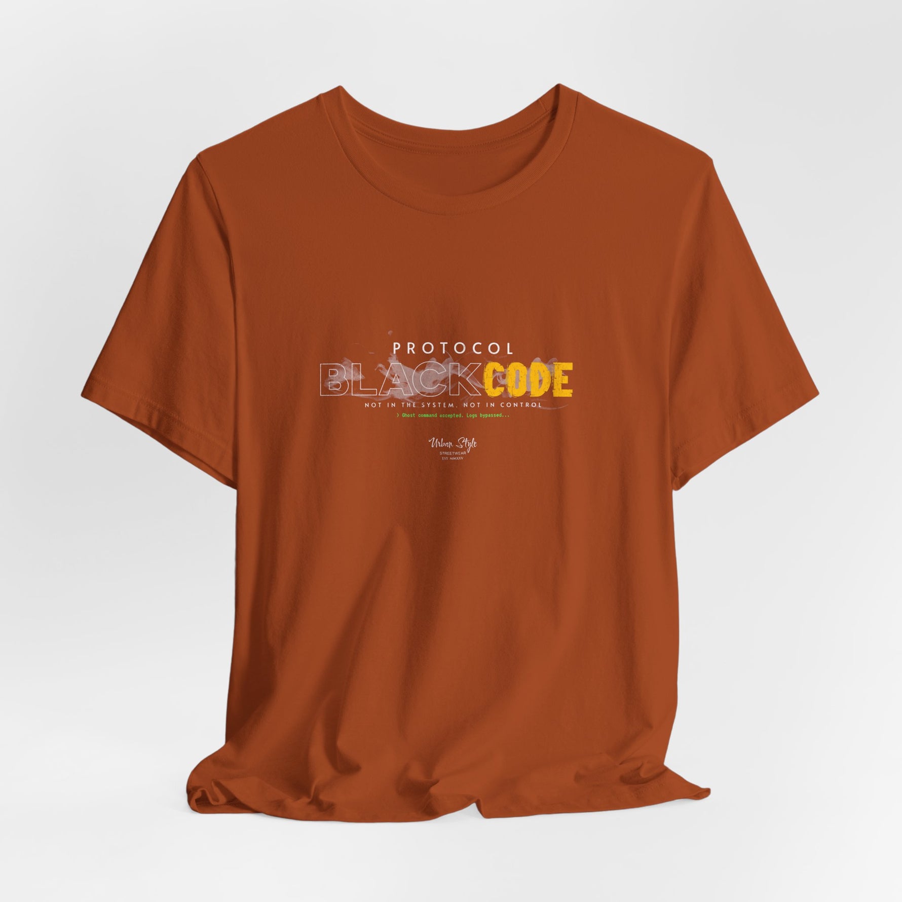The PROTOCOL BLACKCODE t-shirt in Autumn — bold and quiet, like a mission buried in leaves. 3D mockup of a t-shirt in warm brown Autumn color. No model, no background.