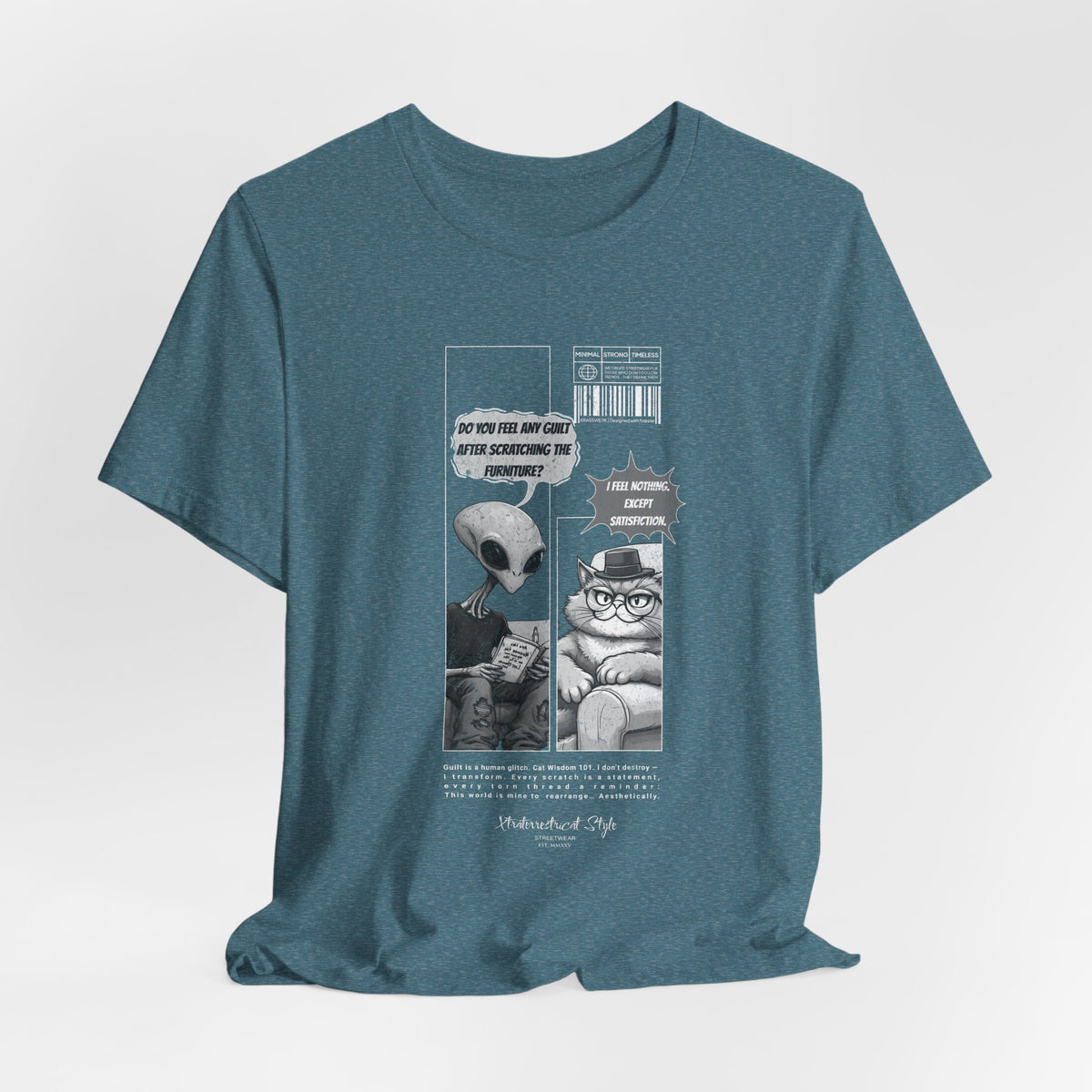 The Satisfiction t-shirt in heather deep teal — 3D mockup featuring a moody blue-green tone. No background or model.