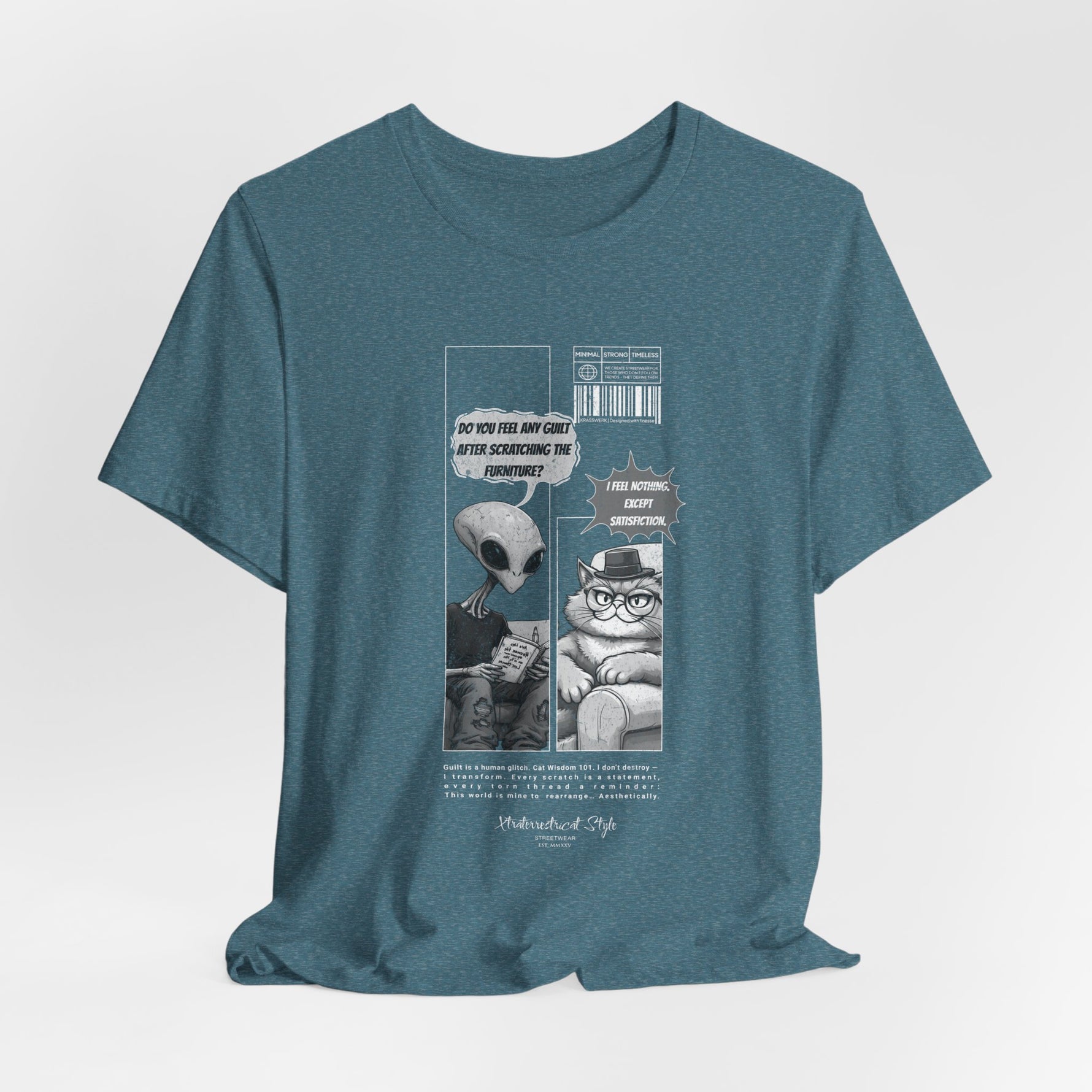 The Satisfiction t-shirt in heather deep teal — 3D mockup featuring a moody blue-green tone. No background or model.