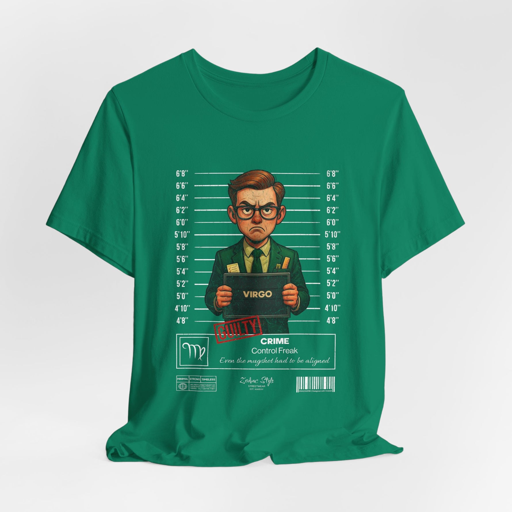 The VIRGO t-shirt in kelly — 3D mockup of the design on a bright kelly green shirt. No background, no model.