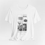The GRAVITY t-shirt in White — 3D mockup of white shirt with dark comic linework. Shirt stands alone without any model or scene.