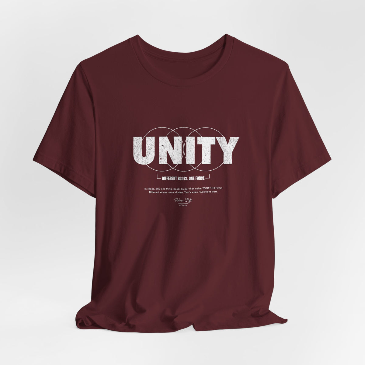 The UNITY t-shirt in Maroon — steady and deep, where purpose meets peace.