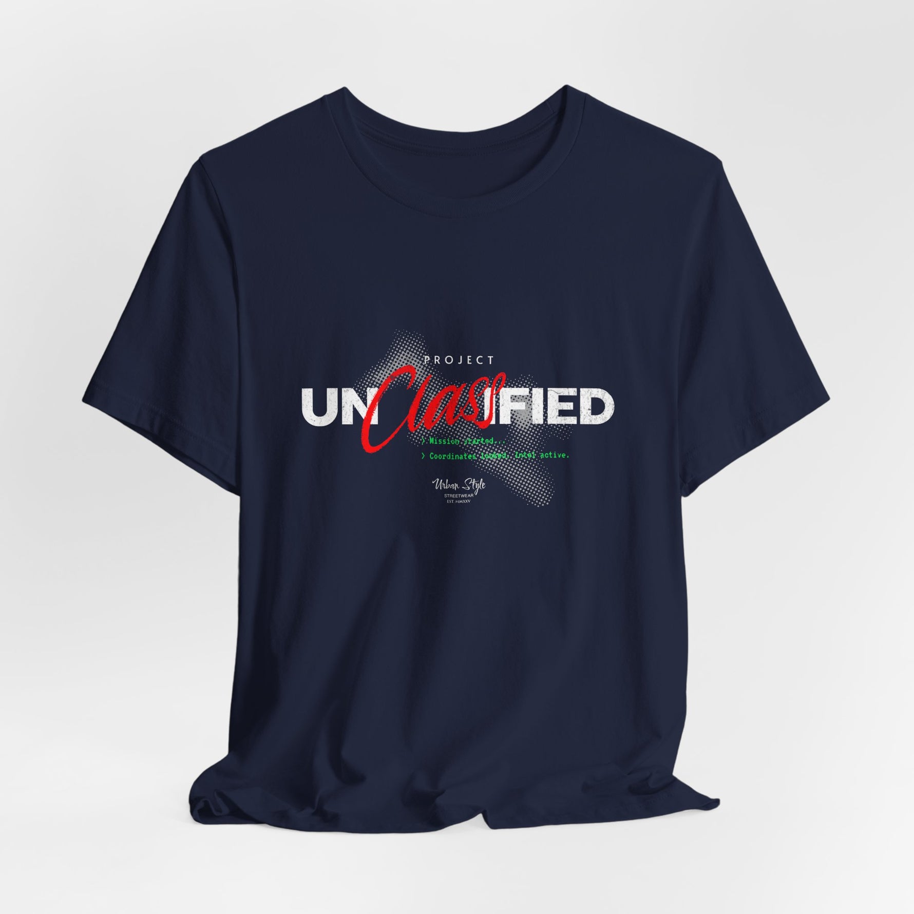 The PROJECT UNCLASSIFIED t-shirt in navy — 3D mockup of shirt in dark navy blue, no background, no model.