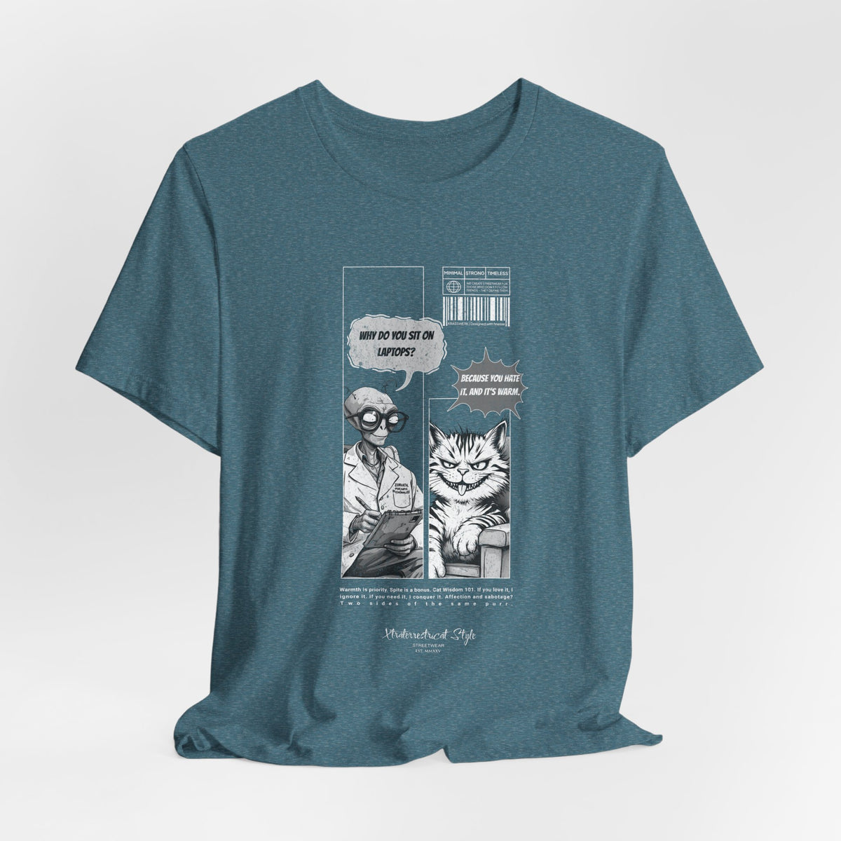 The SITONLAPTOPS t-shirt in Heather Deep Teal — 3D mockup on a deep teal textured shirt, no model, no background. Design printed clearly.