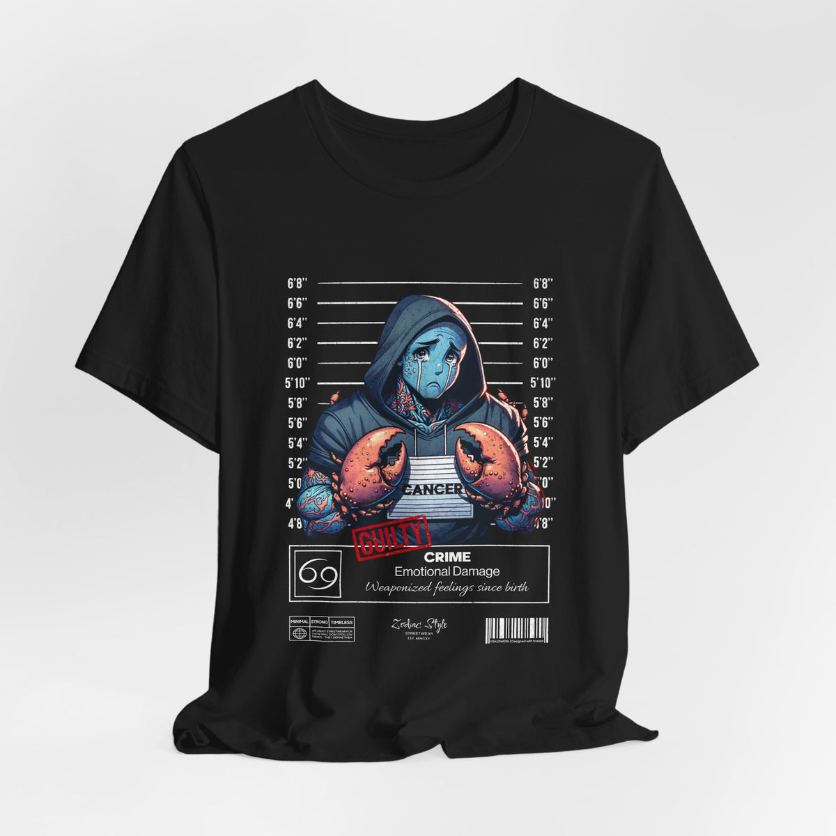 The CANCER t-shirt in Black — 3D mockup of a matte black shirt with clean front. No background, no model.