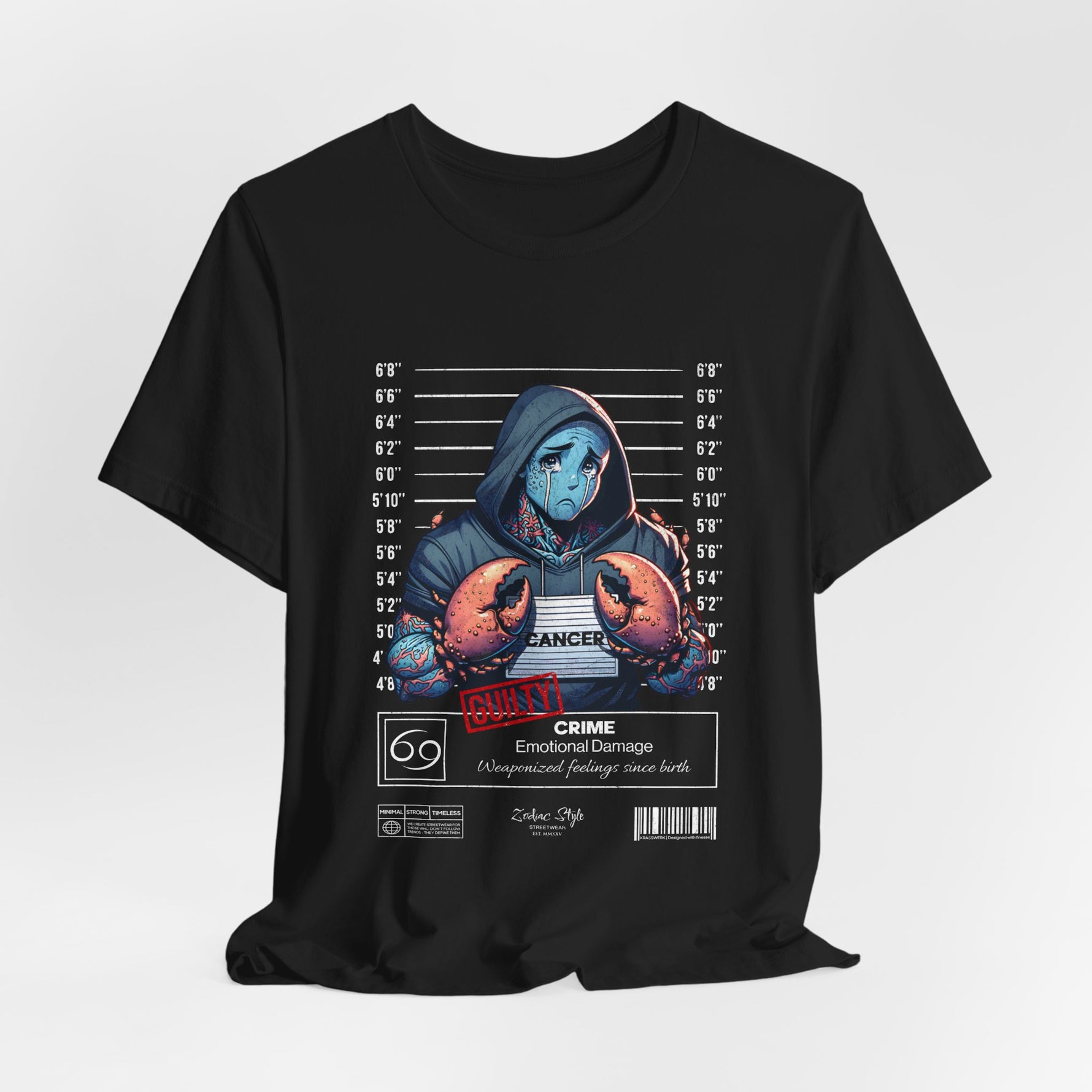 The CANCER t-shirt in Black — 3D mockup of a matte black shirt with clean front. No background, no model.