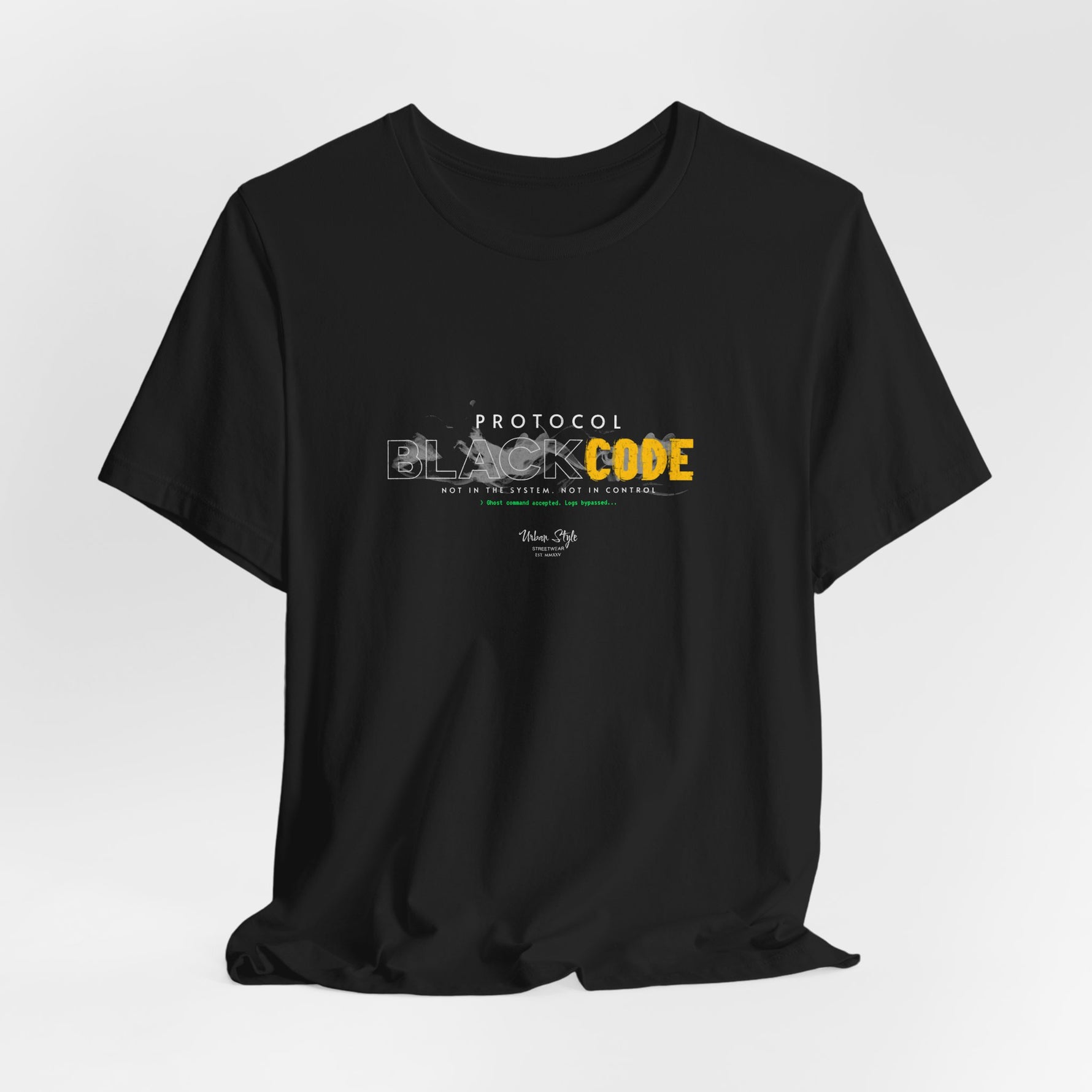 The PROTOCOL BLACKCODE t-shirt in Black — the system failed. This one didn’t. 3D mockup of a black t-shirt with no background and no model.