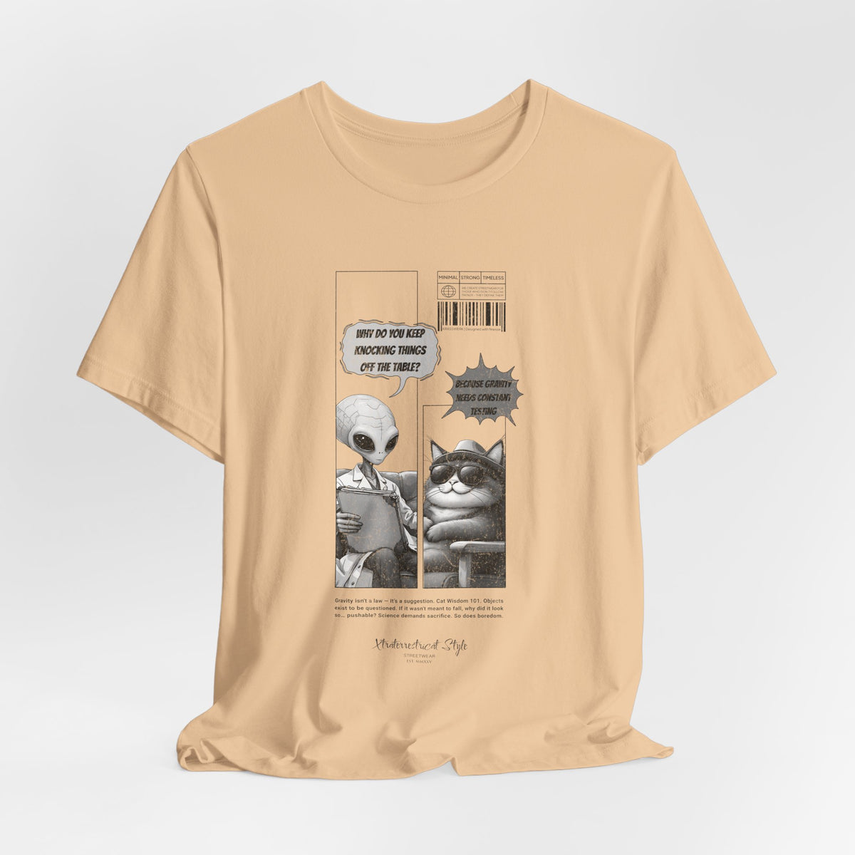 The GRAVITY t-shirt in Sand Dune — 3D mockup of sandy tan tone, printed comic visible, clean backdrop and no human figure.