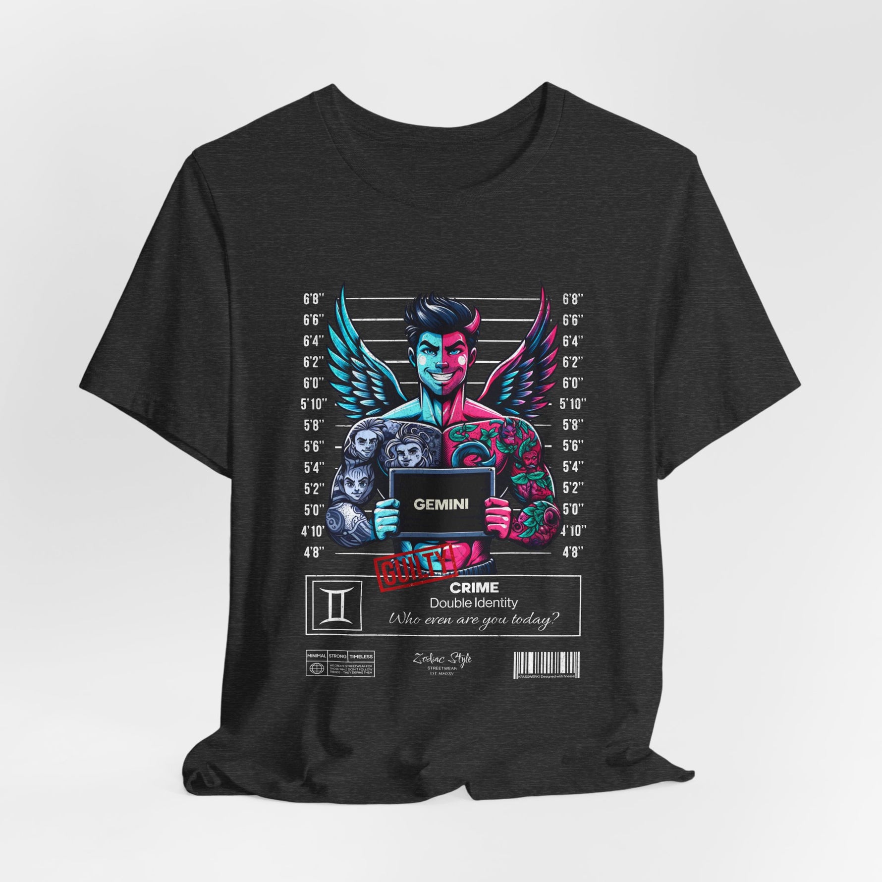 The GEMINI t-shirt in Dark Heather Grey — Their version of being low-key. Still extra.