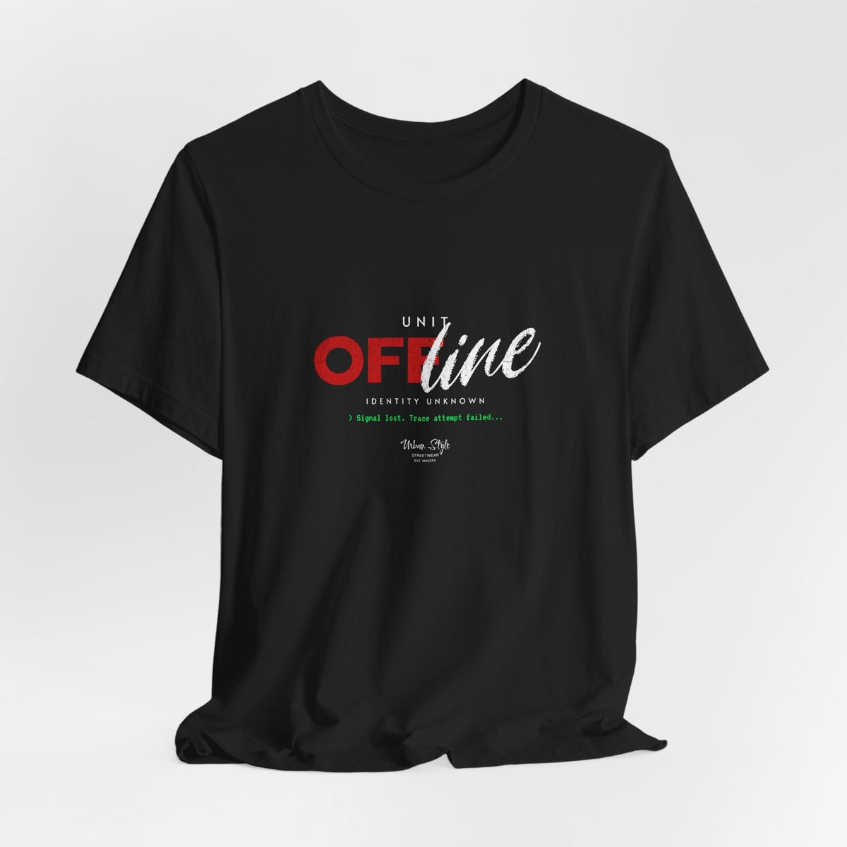The UNIT OFFLINE t-shirt in black — a trace buried in darkness, never to be found.