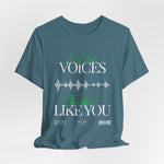 The VOICES t-shirt in Heather Deep Teal — lucid and strange, like a thought you didn’t invite.