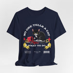 The No One Tells a Cat t-shirt in navy — ghost mockup showing a dark blue fabric tone with no background or model.