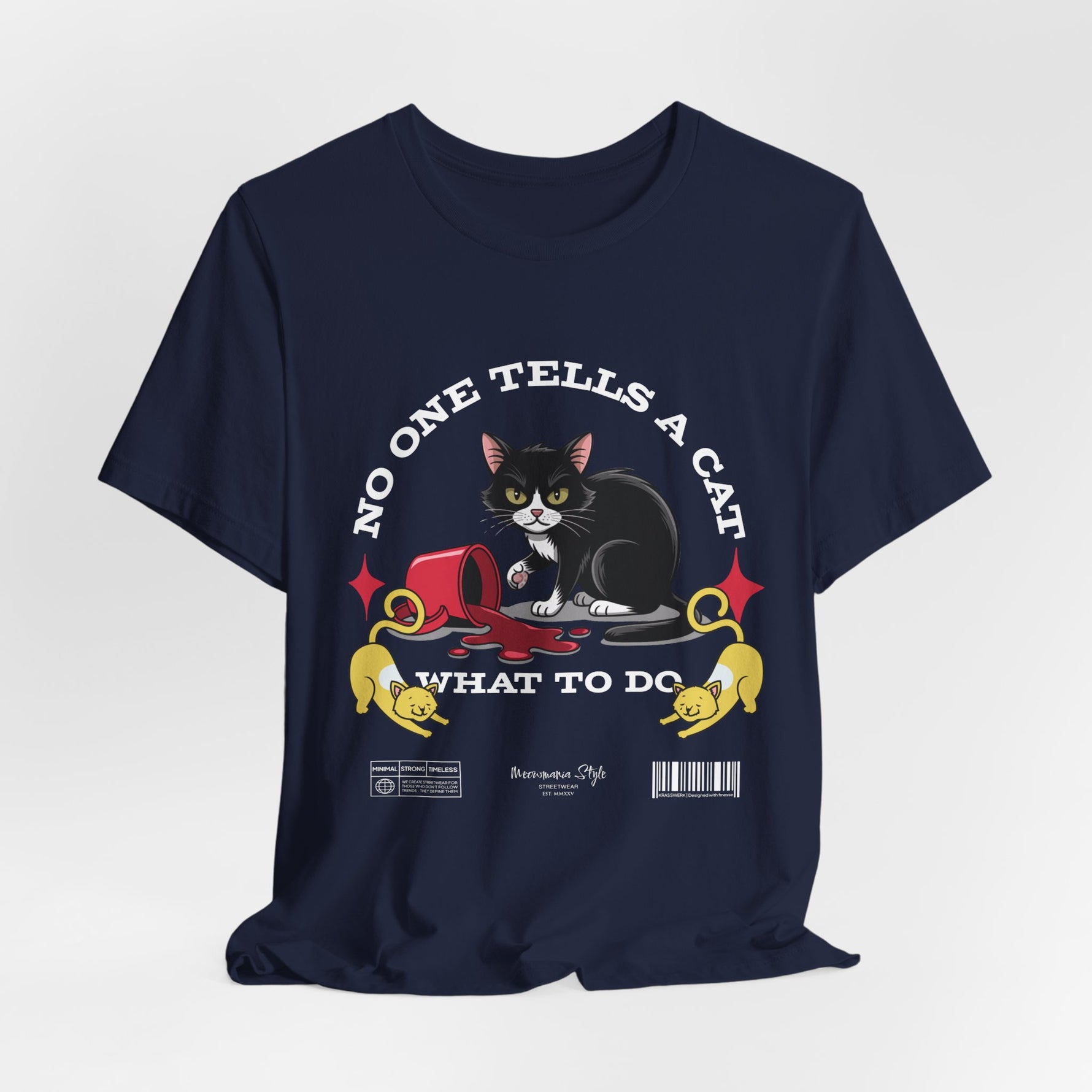 The No One Tells a Cat t-shirt in navy — ghost mockup showing a dark blue fabric tone with no background or model.