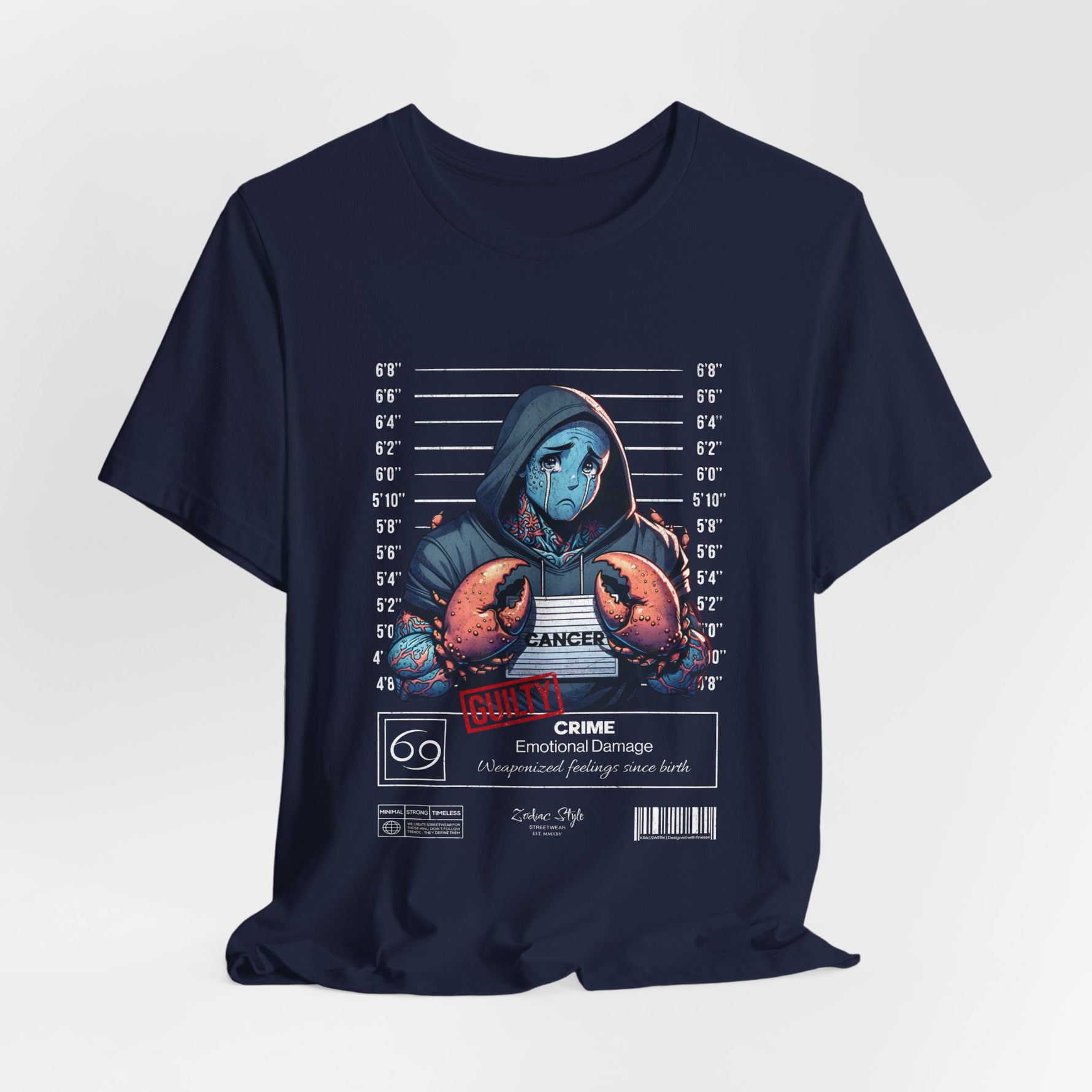 The CANCER t-shirt in Navy — 3D mockup of a classic deep navy blue shirt. No background, no model.