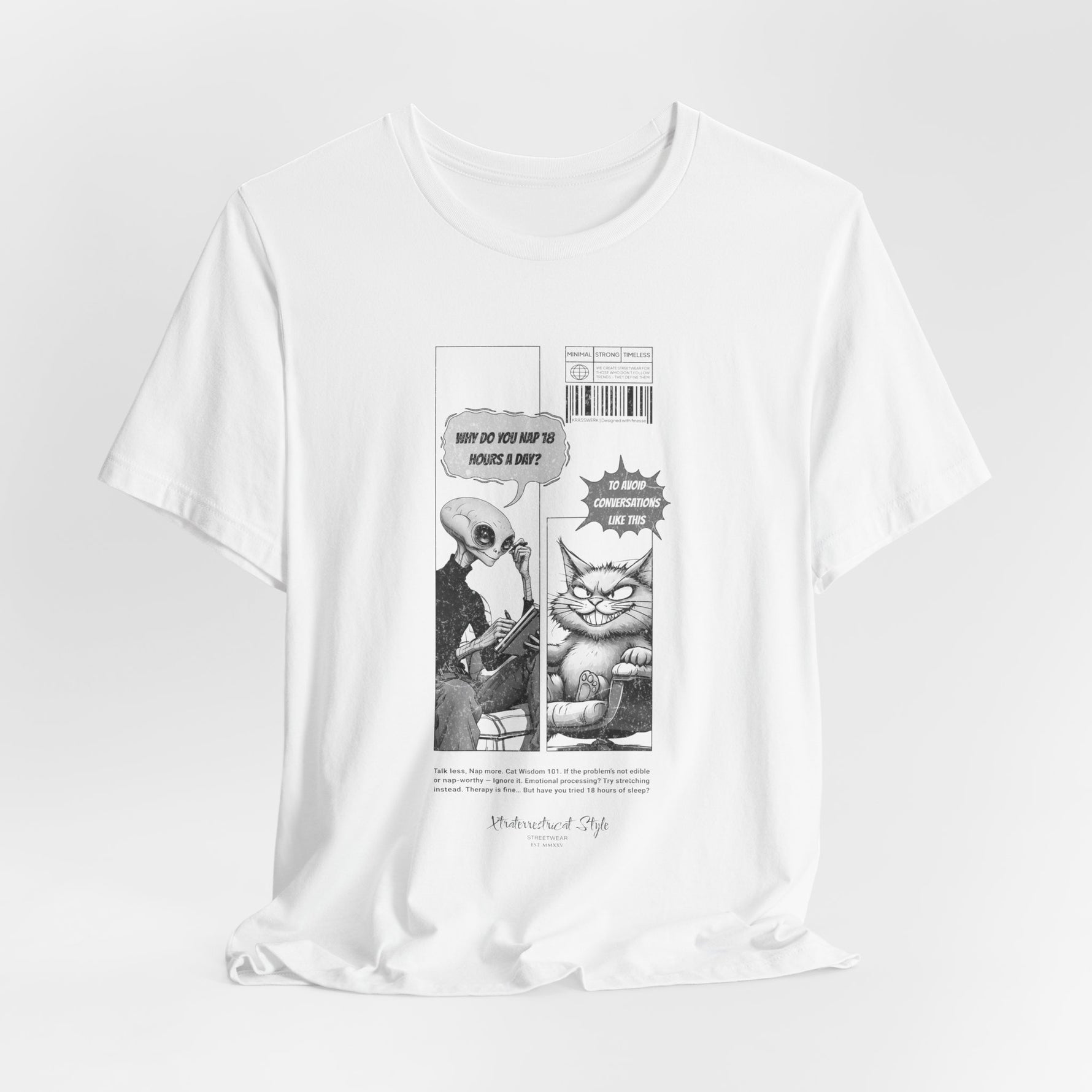 The NAP – 18h A Day t-shirt in White — Clean, neutral base perfectly balances the high-contrast comic print.