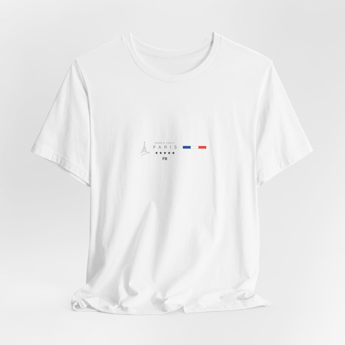The PARIS t-shirt in White — 3D mockup, clean white, no background, no model.