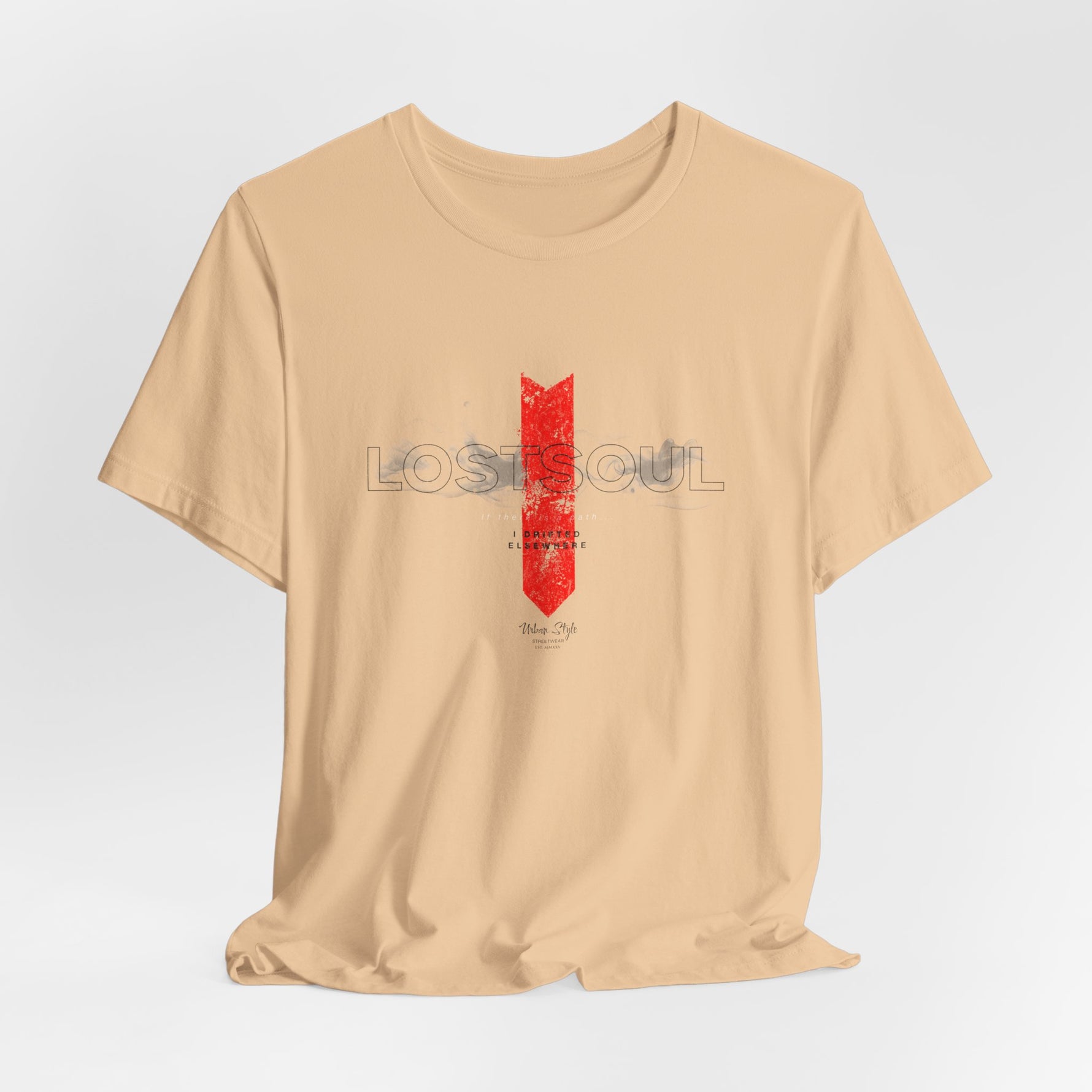 The LOSTSOUL t-shirt in Sand Dune — a lost echo under the weight of forgotten places.