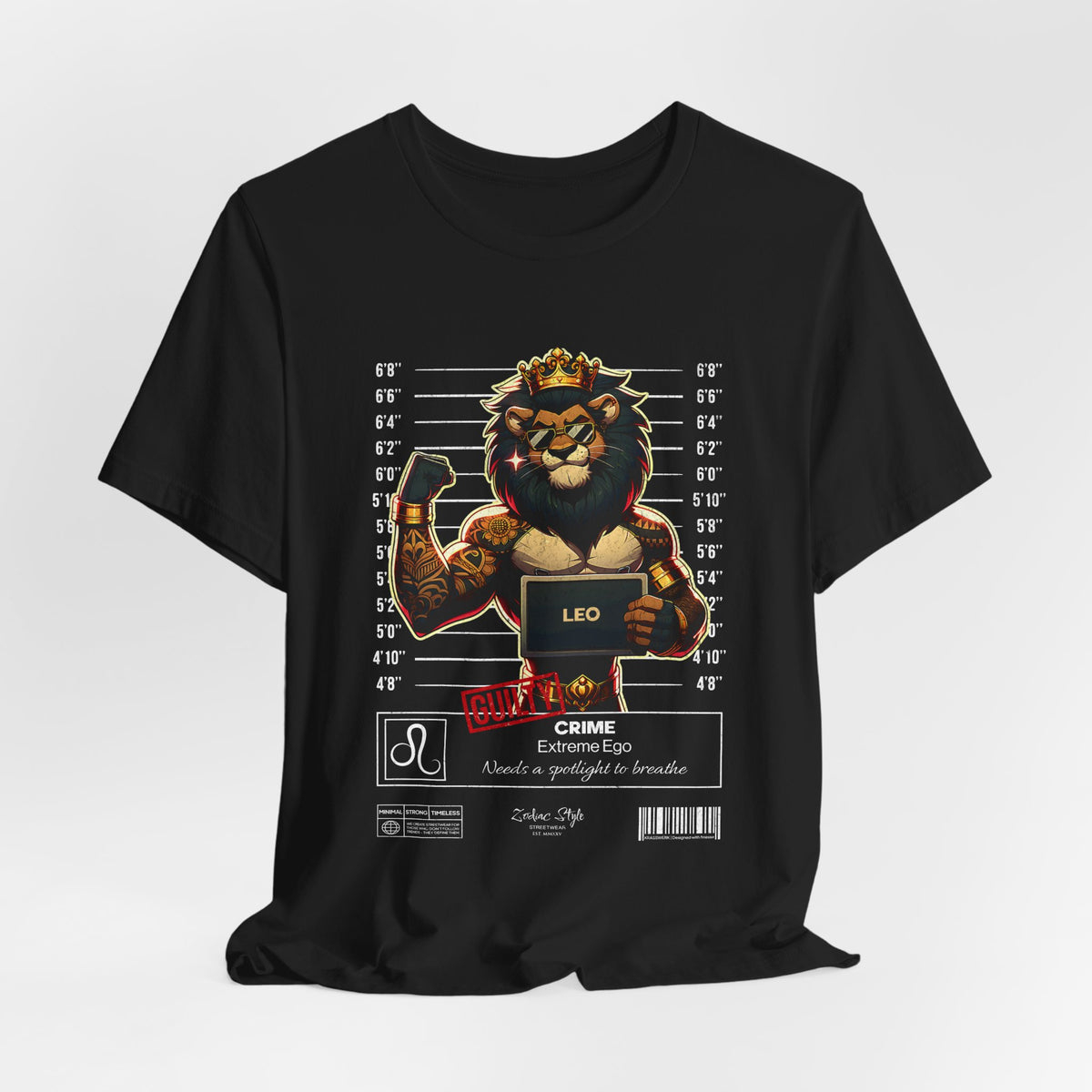 The LEO t-shirt in Black – 3D mockup of a solid black shirt, with high contrast lion design front and center. NO BACKGROUND, NO MODEL.