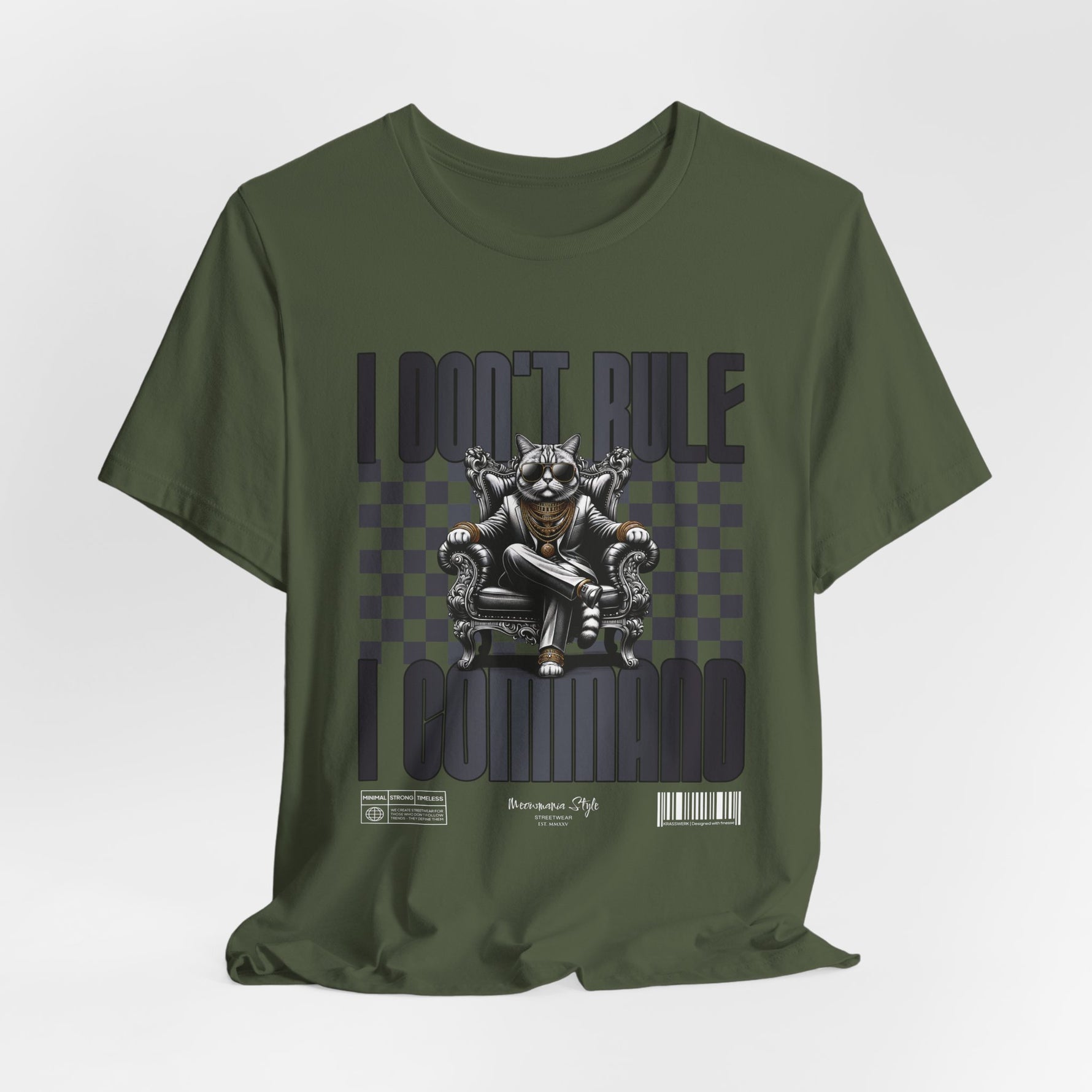 The COMMAND t-shirt in Military Green — 3D olive-green mockup. No model, no background.