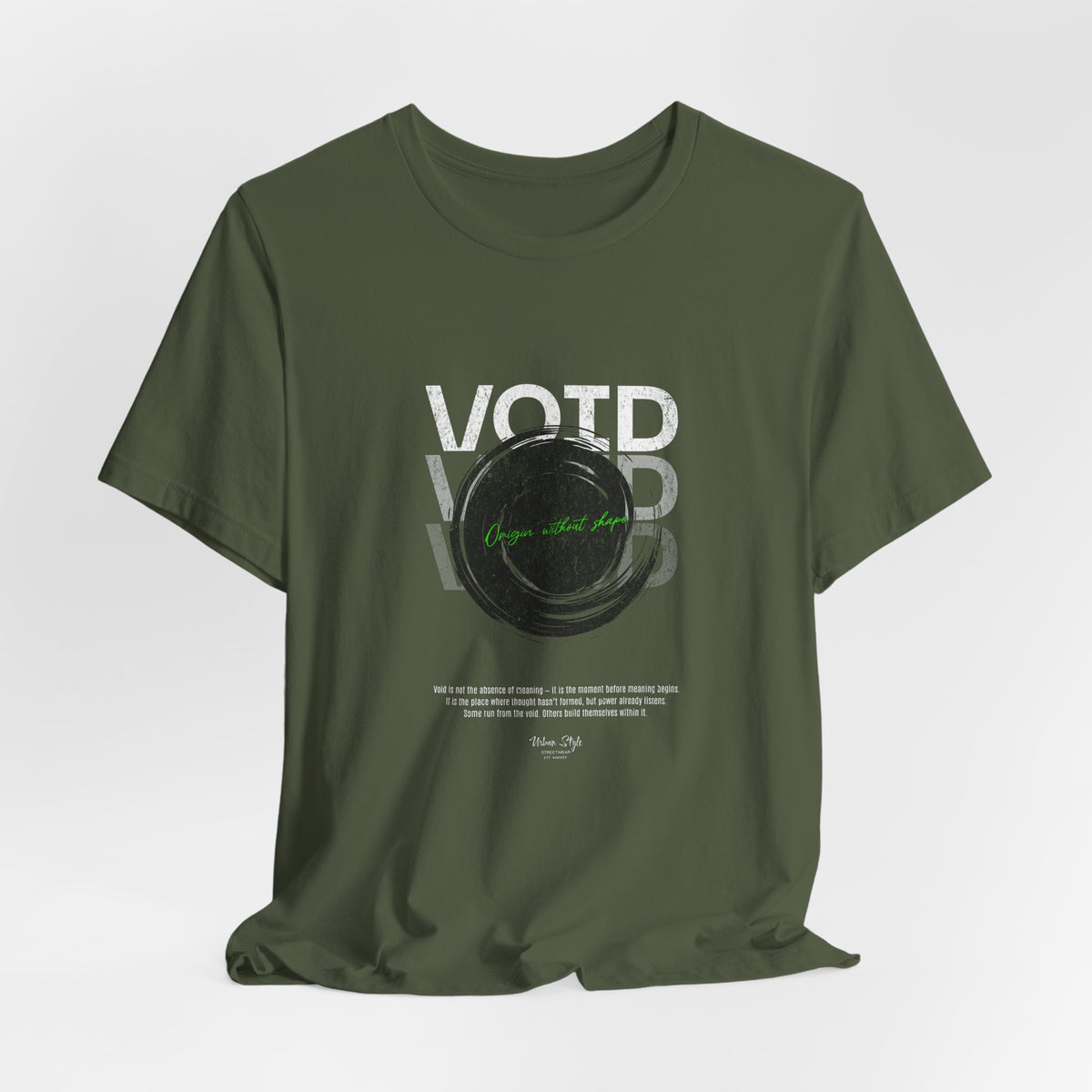 The VOID t-shirt in Military Green — camouflaged chaos from within.