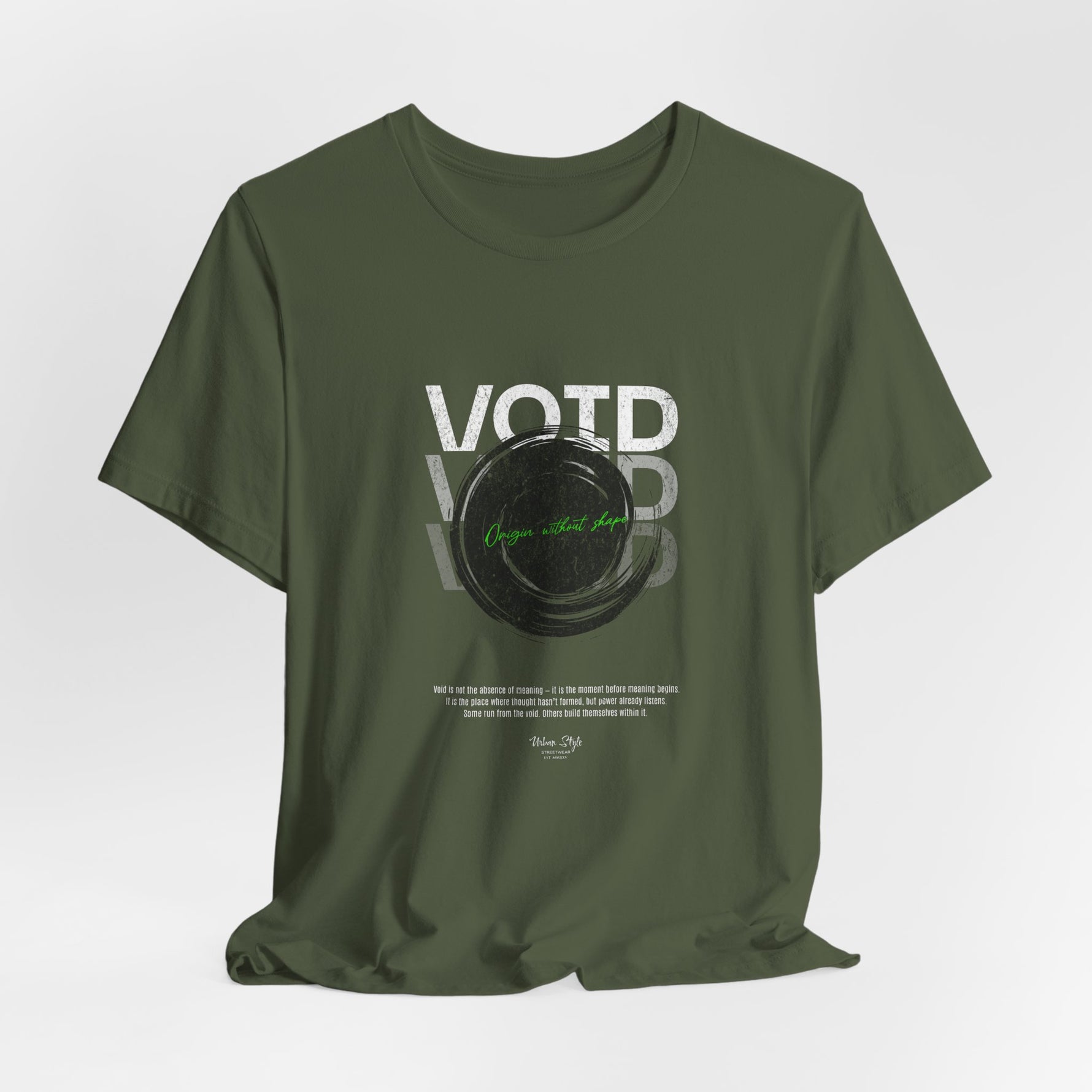 The VOID t-shirt in Military Green — camouflaged chaos from within.