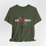 The PROJECT UNCLASSIFIED t-shirt in militarygreen — 3D mockup of shirt in rugged military green, no background, no model.