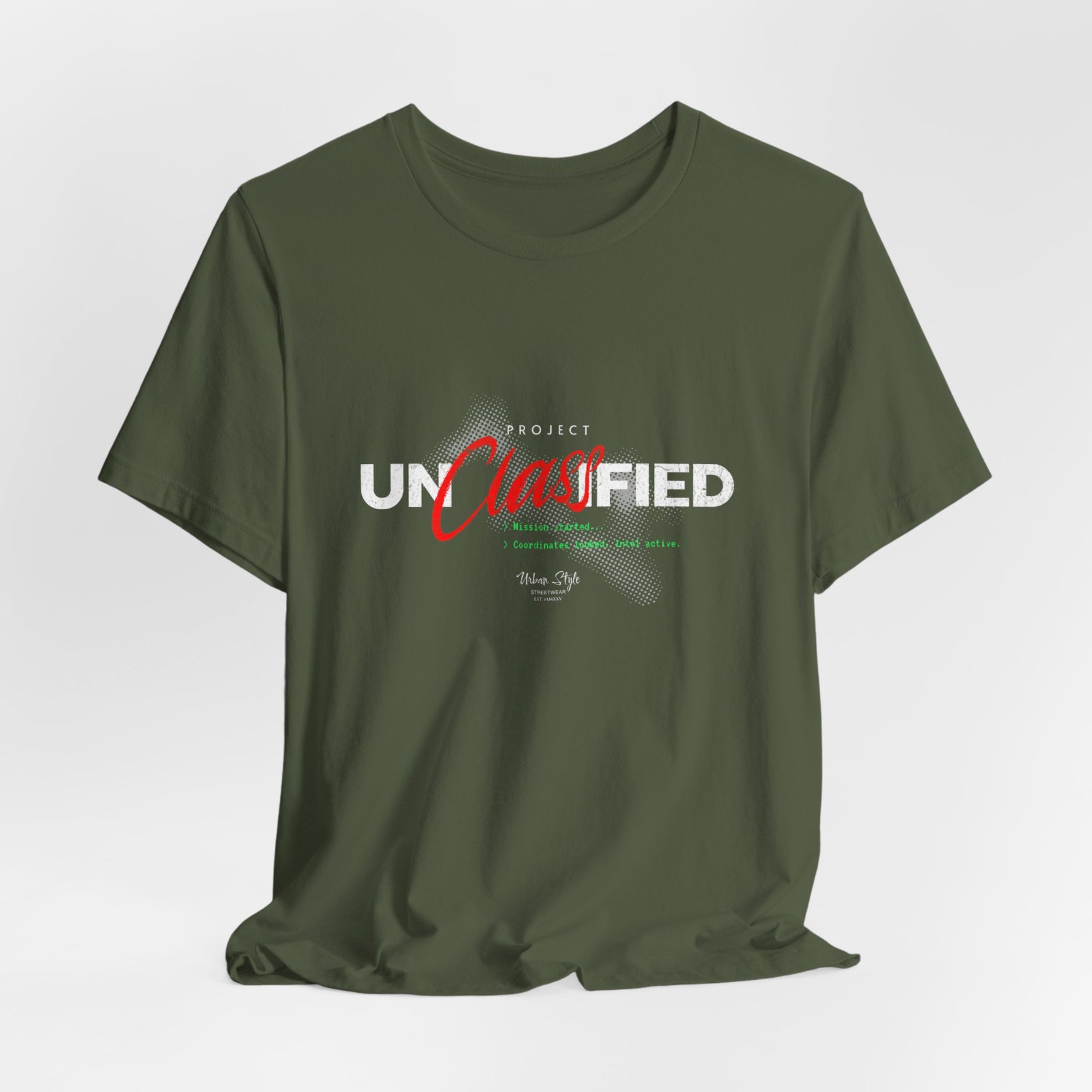 The PROJECT UNCLASSIFIED t-shirt in militarygreen — 3D mockup of shirt in rugged military green, no background, no model.