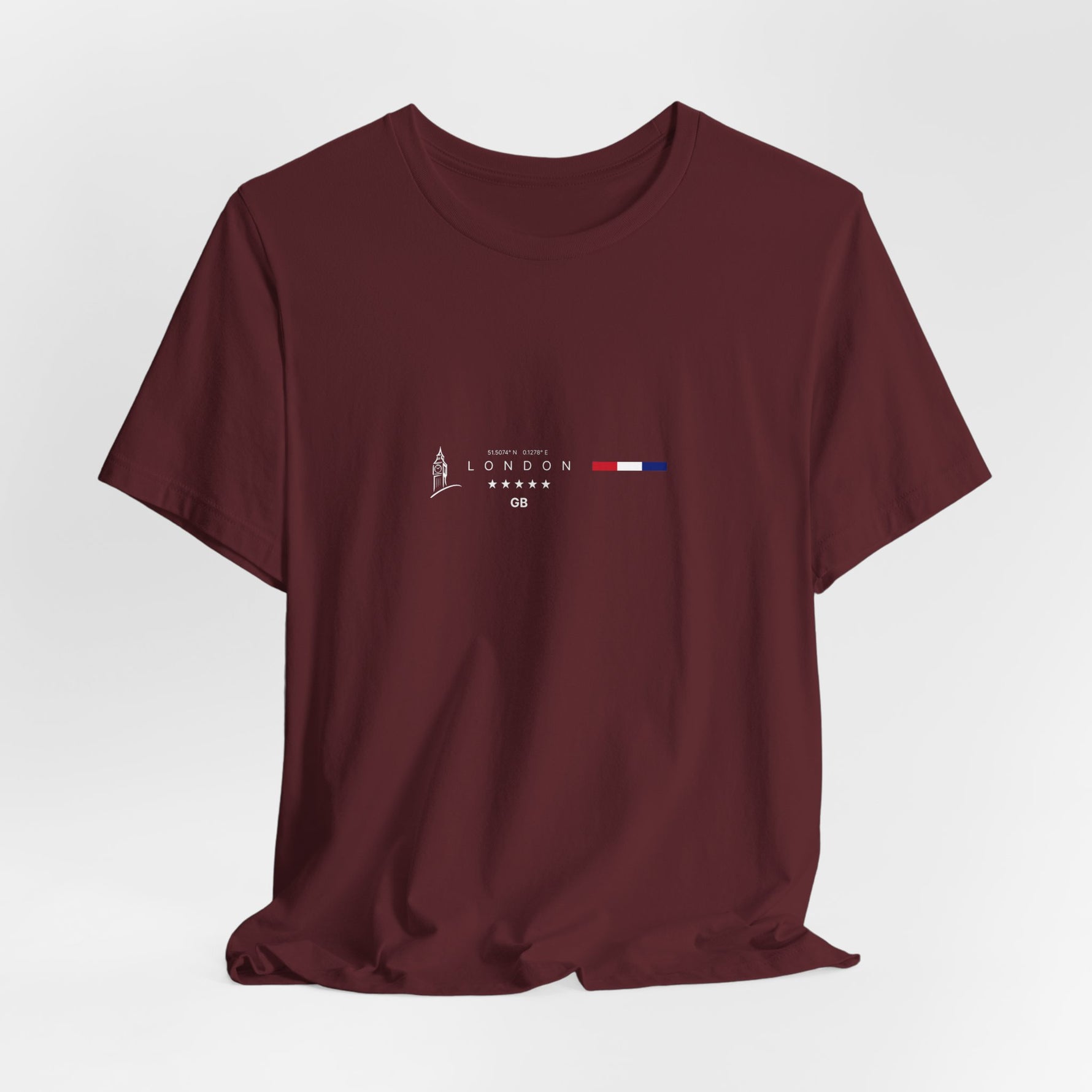 The LONDON t-shirt in maroon — 3D mockup on rich maroon fabric, clean layout and bold centered design. No background, no model.
