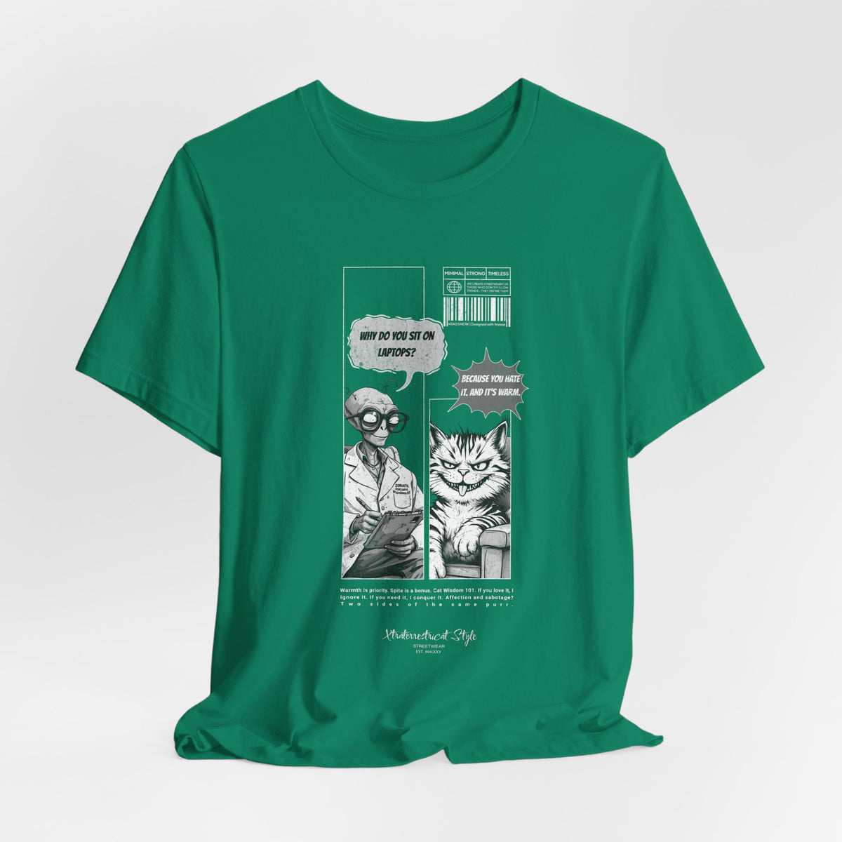 The SITONLAPTOPS t-shirt in Kelly — 3D mockup on a bright green shirt, no model, no background. Design appears slightly playful on color.